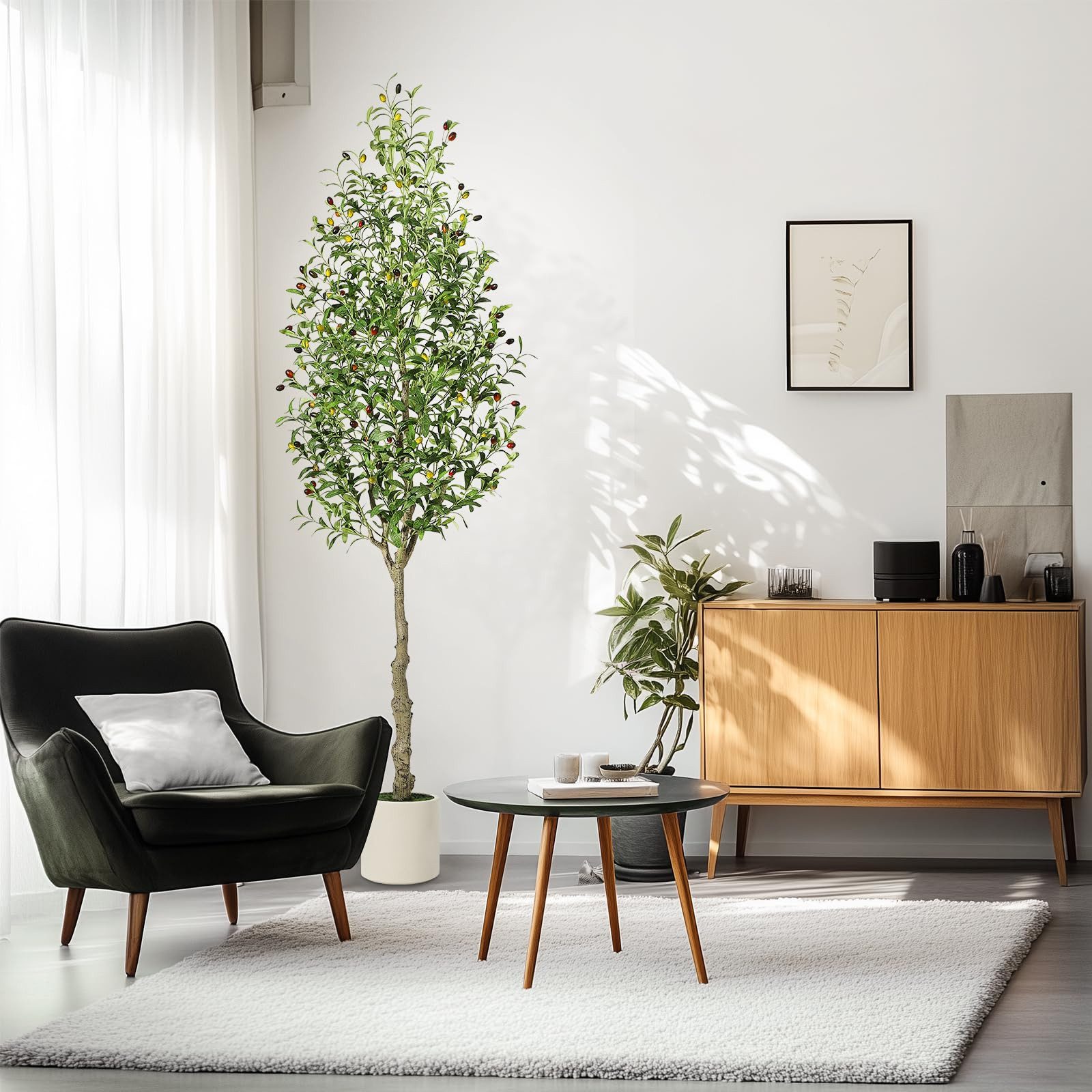 Kunstbaum Künstliche Olivenbäume für den Innenbereich,1.5/1.8/2.1 m,Dekoration, GarveeMore, Höhe 210 cm, Realistischem Stamm,Blättern und Früchten als Dekoration für das Home