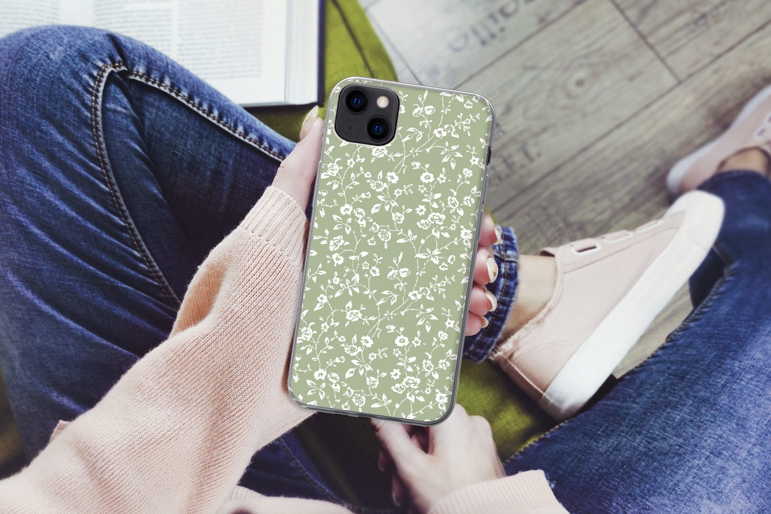 MuchoWow Handyhülle für Apple iPhone 13 mini Blumen - Druck - Grün - Weiß, Smartphone-Bumper, Print, Handy Schutzhülle Dünn