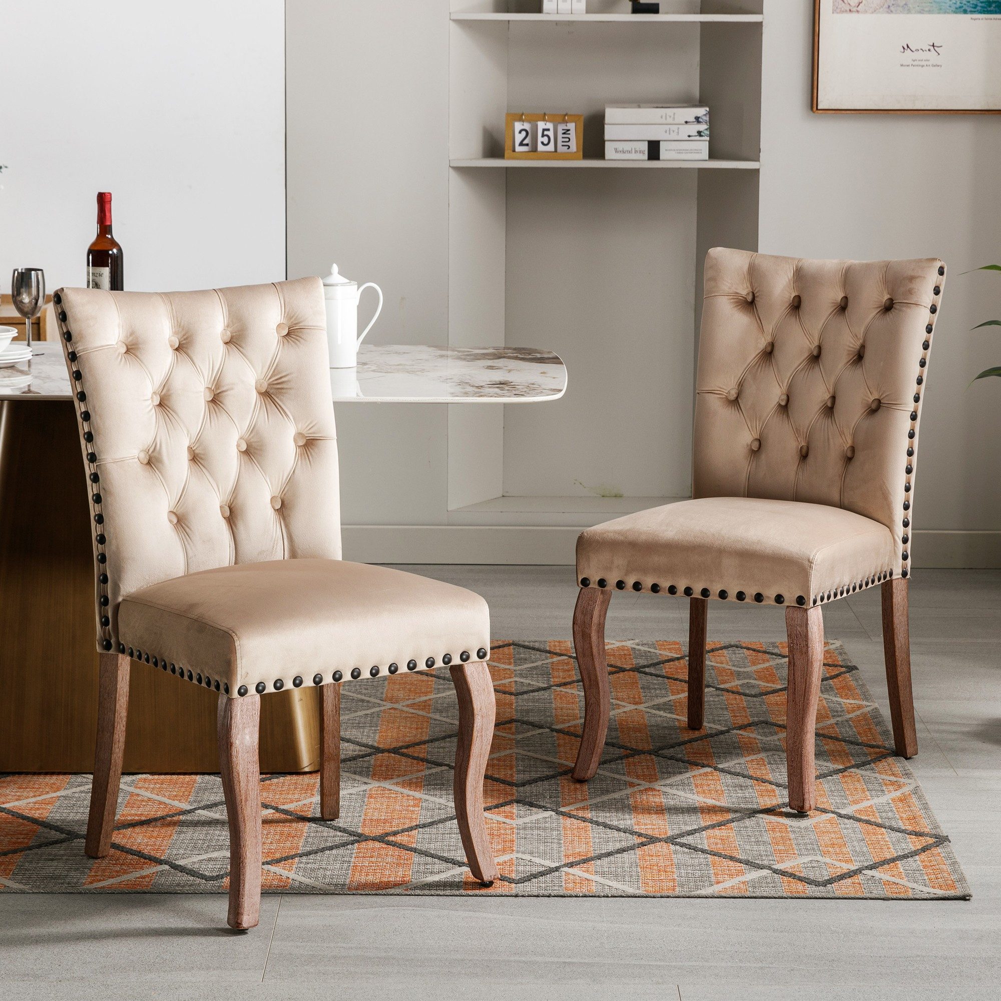 BlingBin Esszimmerstuhl Polsterstuhl mit Nagelkopfbesatz, Küchenstuhl (Stuhl, Wohnzimmerstuhl, 2 St), mit Nagelkopfbesatz, Beinen aus Massivholz, Bezug aus Samt