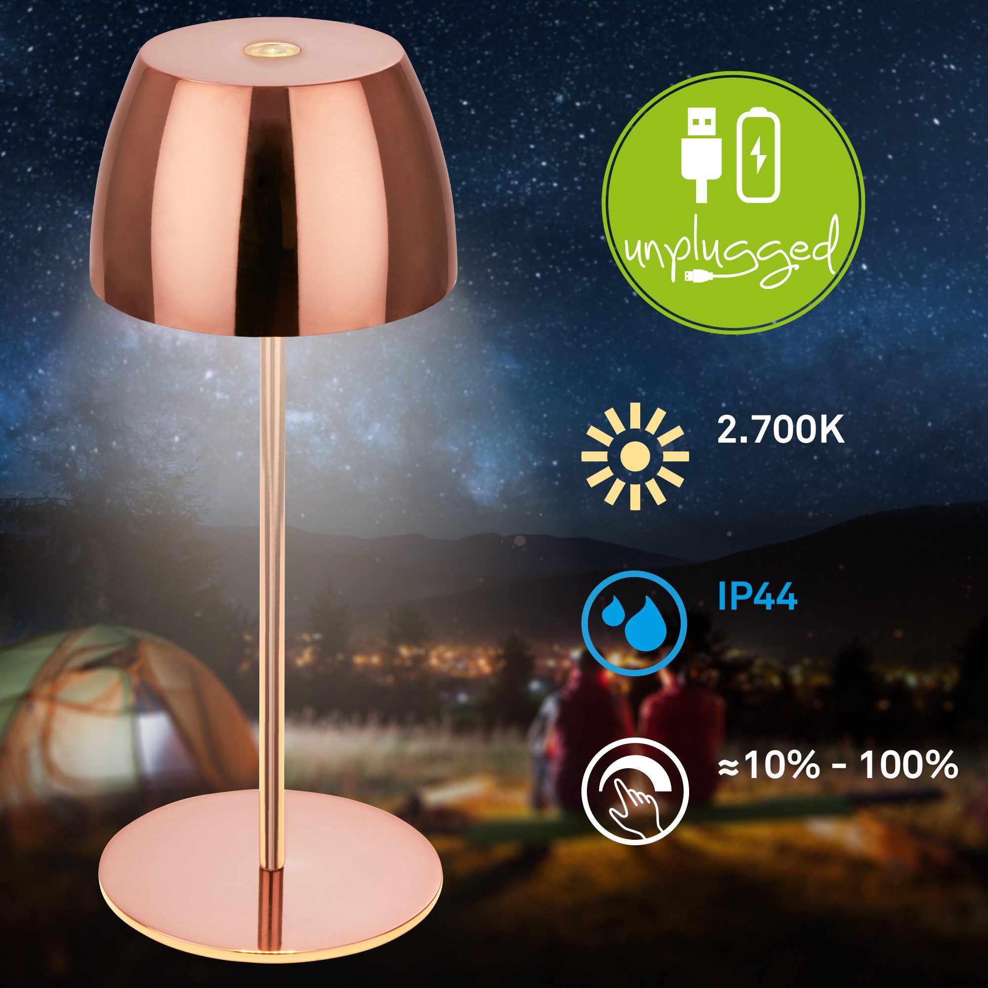 Briloner Leuchten Tischleuchte Akku Tischlampe dimmbar kabellos Außen/Innen, Ladekabel, LED fest integriert, 2700K - Extra - Warmweiß, Tischlampe kabellos 20x8cm Kupferfarbig 2,5W Wohnzimmer Schlafzimmer