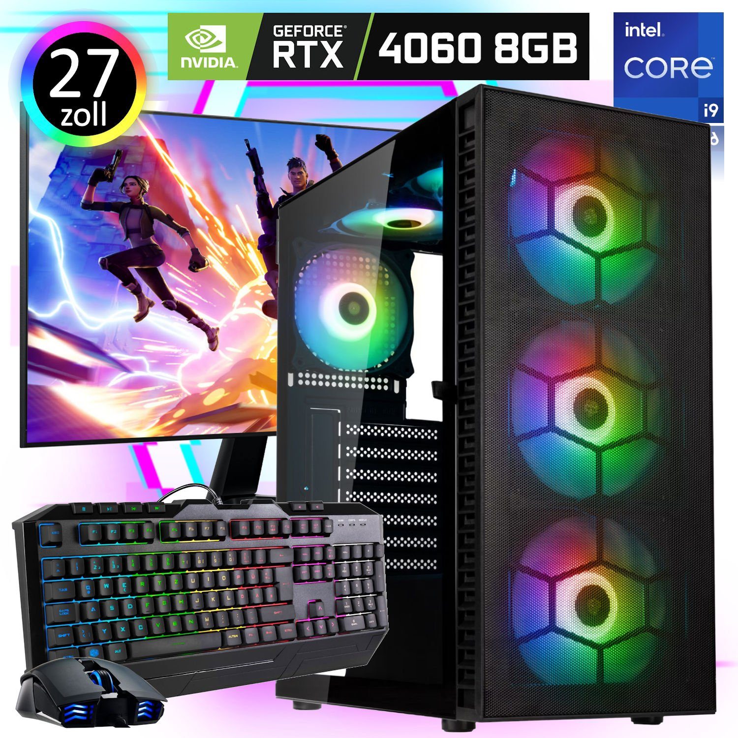 Meinpc Pro Set i9 RTX 4060 2K Gaming-PC-Komplettsystem (27,00", Intel Core i9 11900K, Nvidia GeForce RTX 4060, 32 GB RAM, 2000 GB SSD, Gamer, Gaming, Windows 11 Pro, RGB)