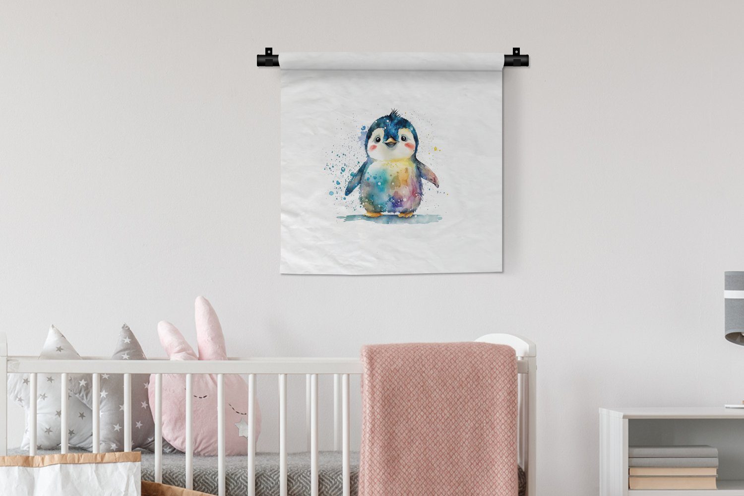 MuchoWow Wanddekoobjekt Pinguin - Regenbogen Wandbehang, - für Kleid, - Kinder, Kinderzimmer Tiere - Wohnzimmer, Wanddeko Schlafzimmer, Aquarell