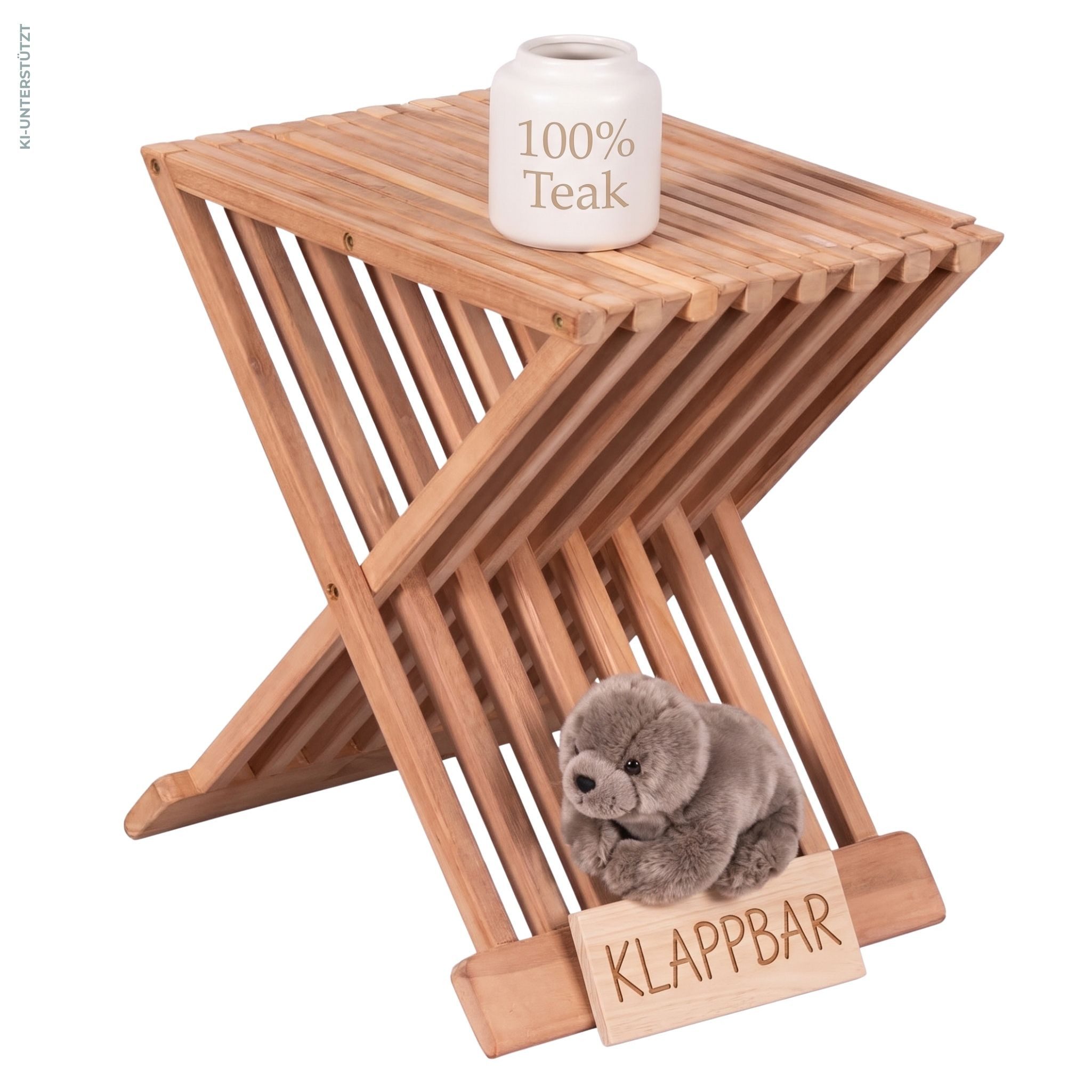 MR.DEKO Beistelltisch Teak klappbar Fishbone – 40x40 cm, kleiner Gartentisch für Balkon (Ideal zu Deckchairs kombinierbar – für drinnen & draußen geeignet, 1-St), Plantagen-Teak – wetterfest, vielseitig, 51 cm hoch