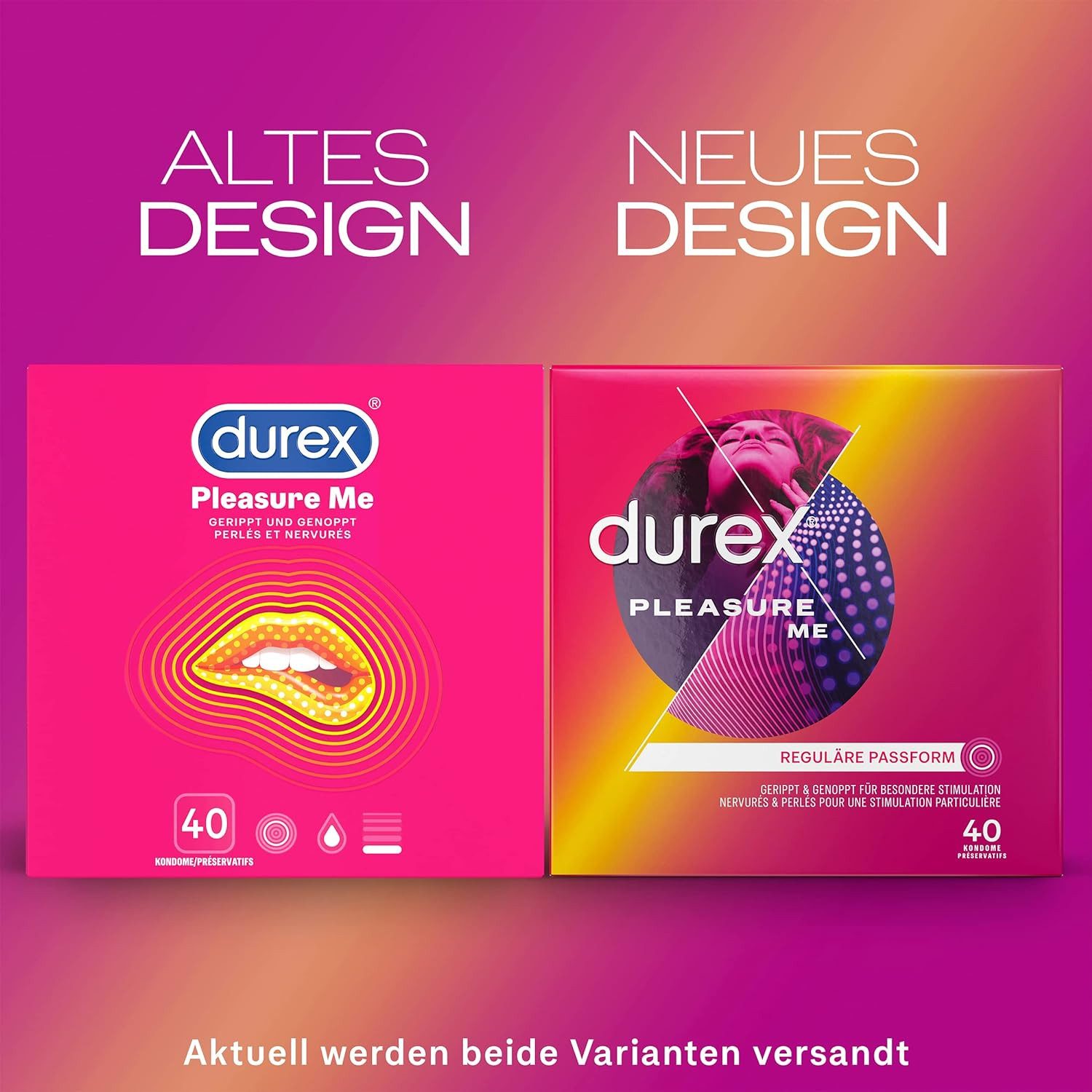 durex Kondome Pleasure Me Mit Noppen & Rippen & anatomischer Easy-On-Form Vorratspack, 40 St.