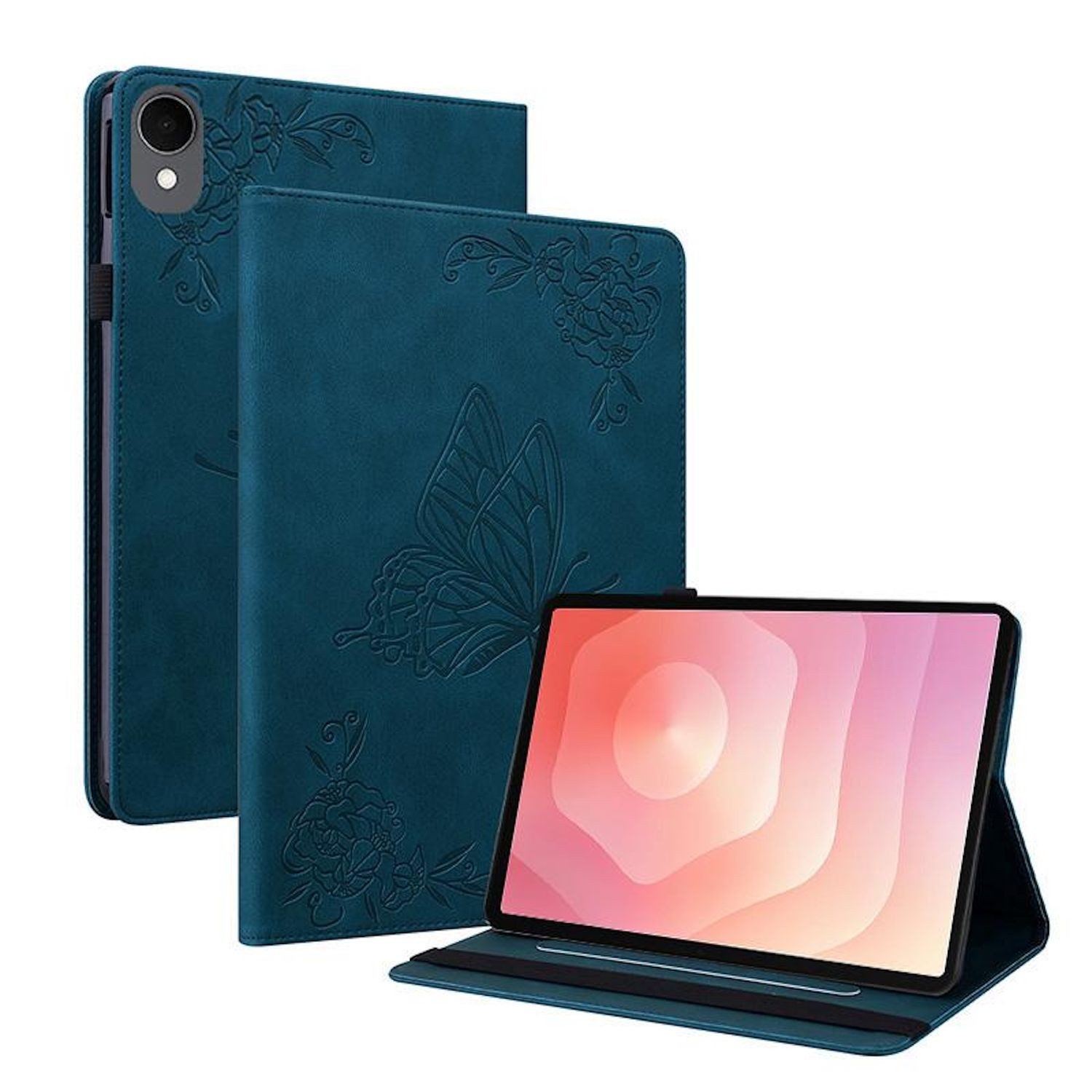 Wigento Tablet-Hülle Für Samsung Galaxy Tab S11 Schmetterling Design Kunstleder Tasche Blau, Kunstleder Schutzhülle Smart Case Design Cover