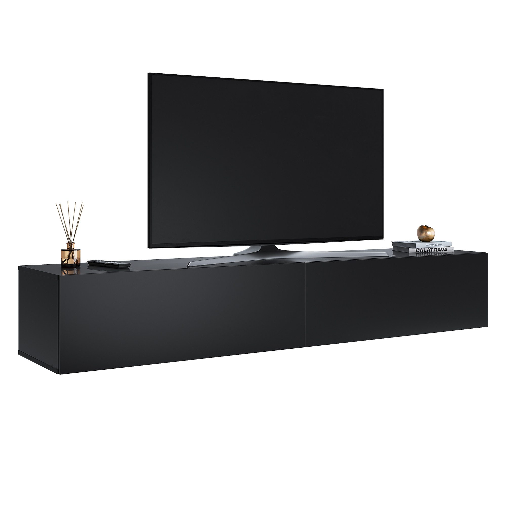 SONNI Lowboard Breite 140/160/180cm,TV Board,Hängend,Hochglanz,Weiß/schwarz, Belastbarkeit:20kg