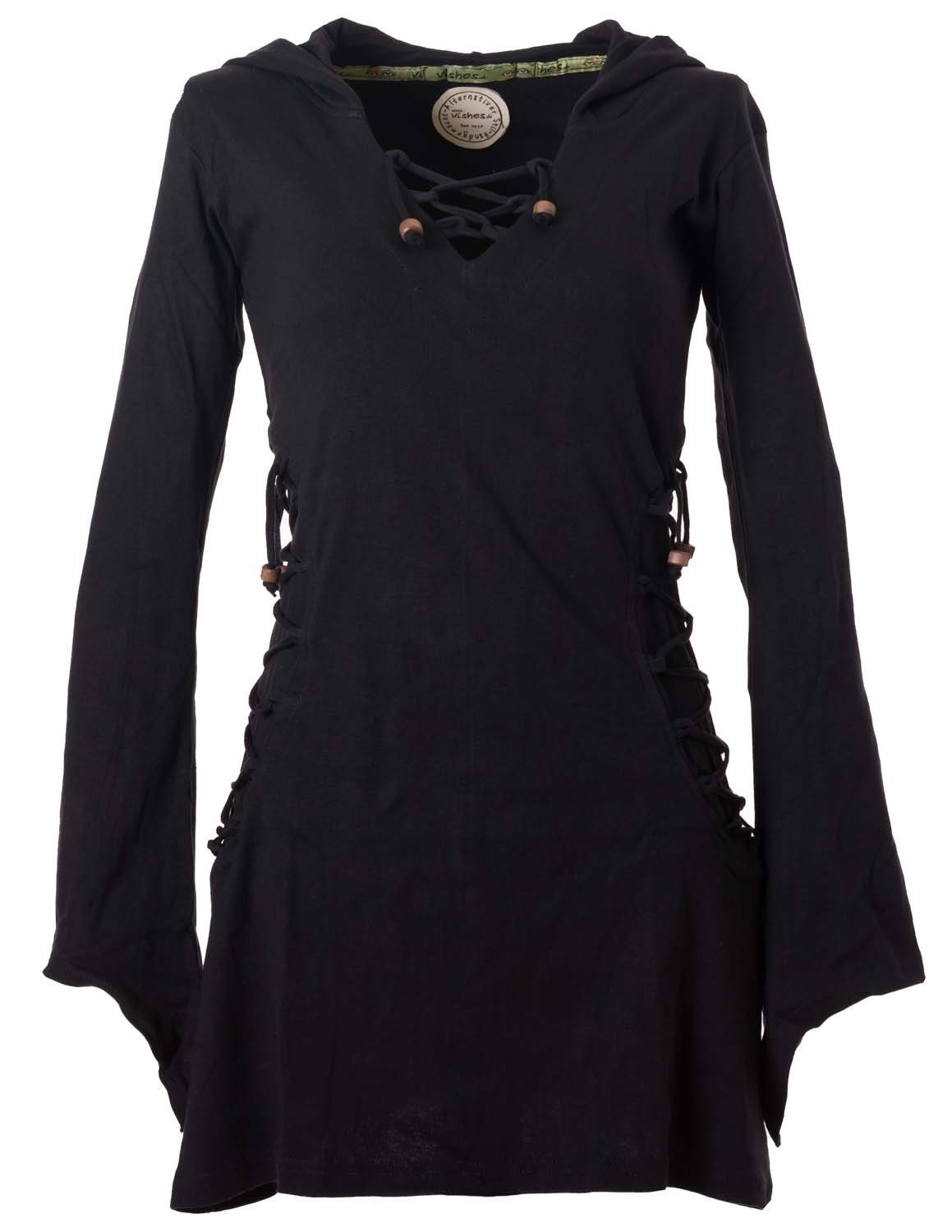 Vishes Zipfelkleid Elfenkleid mit Zipfelkapuze Bändern zum Schnüren Ethno, Hoody, Gothik Style schwarz