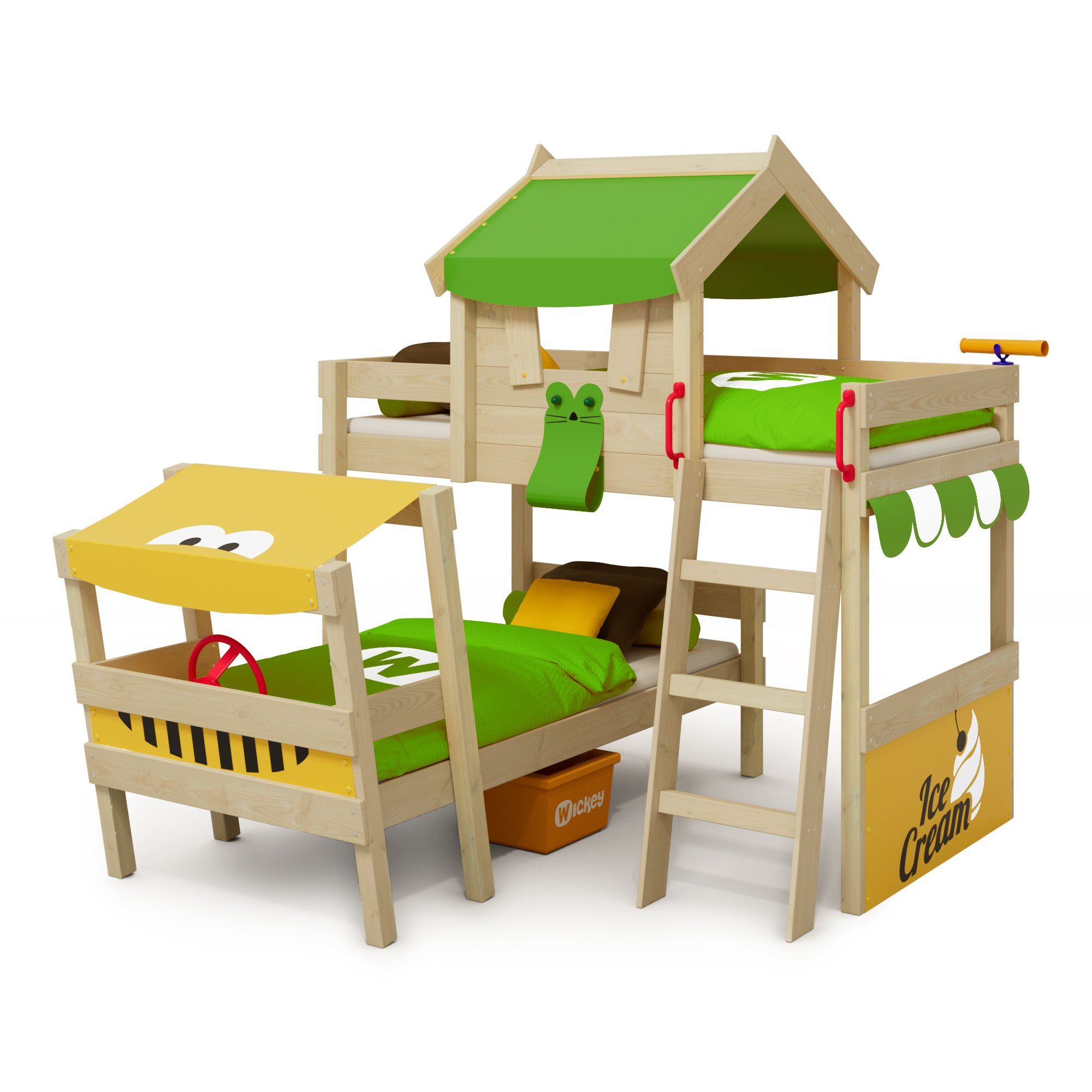 Wickey Kinderbett Crazy Trunky - Spielbett, 90 x 200 cm Hochbett (Holzpaket aus Pfosten und Brettern, Spielbett für Kinder), Massivholzbrett apfelgrün/gelb