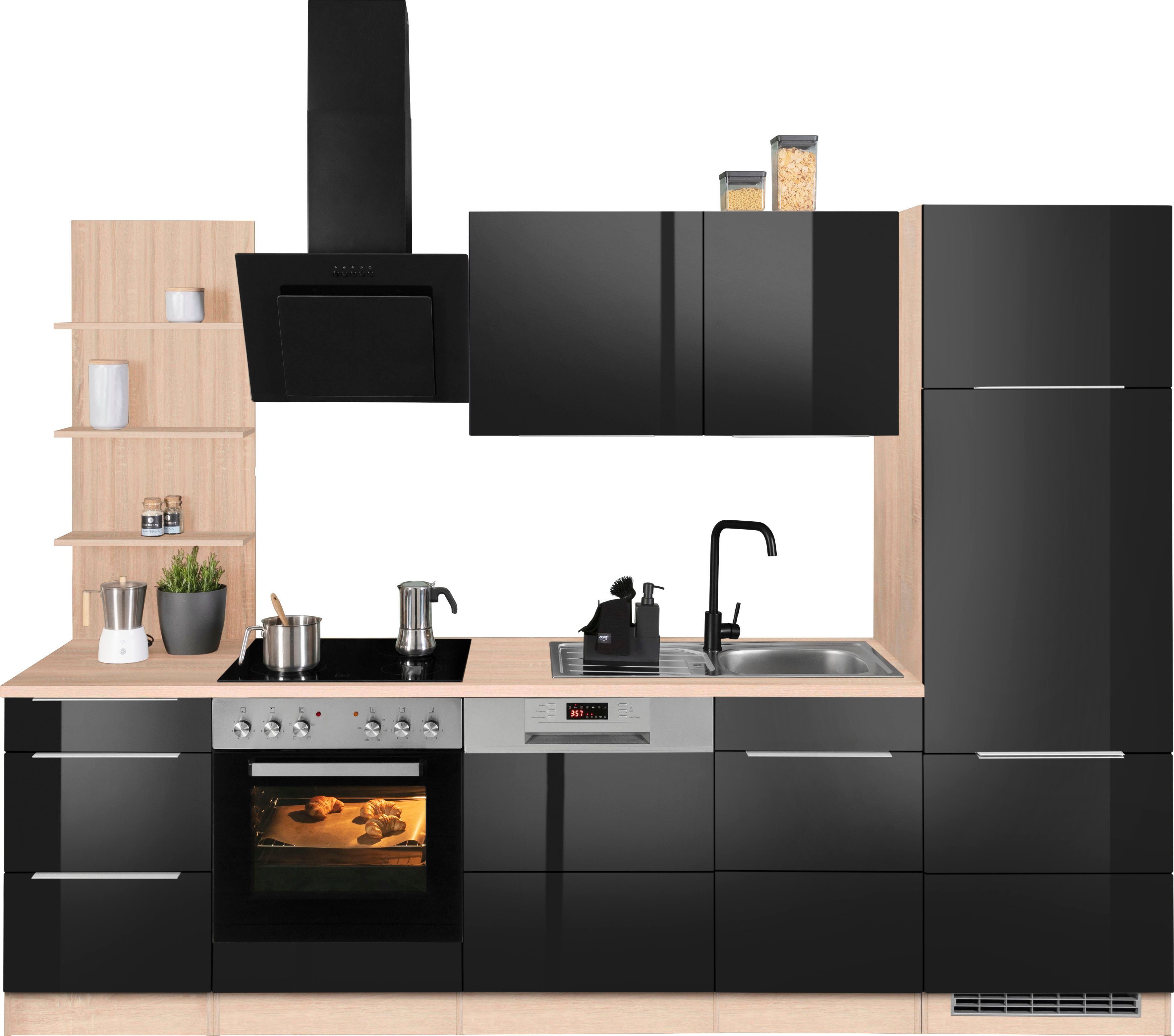HELD MÖBEL Küchenzeile Brindisi, mit E-Geräten, Breite 280 cm schwarz Hochglanz/eiche sonoma | eiche sonoma