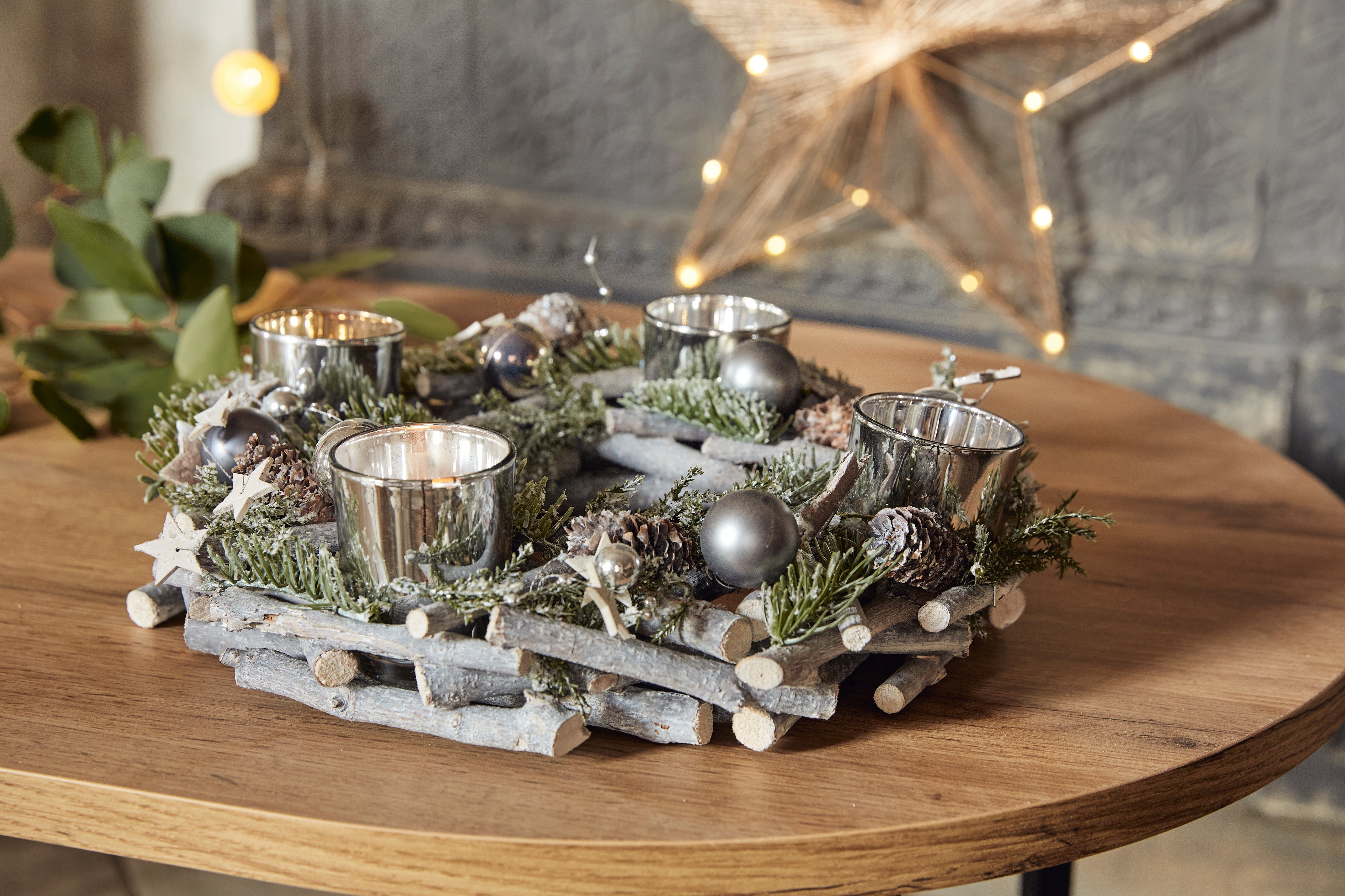 Home affaire Adventskranz Weihnachtsdeko aus Teelichter, Kerzenhalter 30 und Glitter, Ø Kunstschnee cm 4 mit für Echtholz