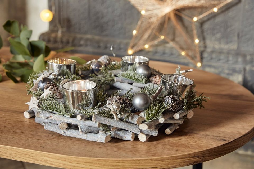 Home affaire Adventskranz Weihnachtsdeko aus Echtholz, mit Kunstschnee und  Glitter, Kerzenhalter für 4 Teelichter, Ø 30 cm