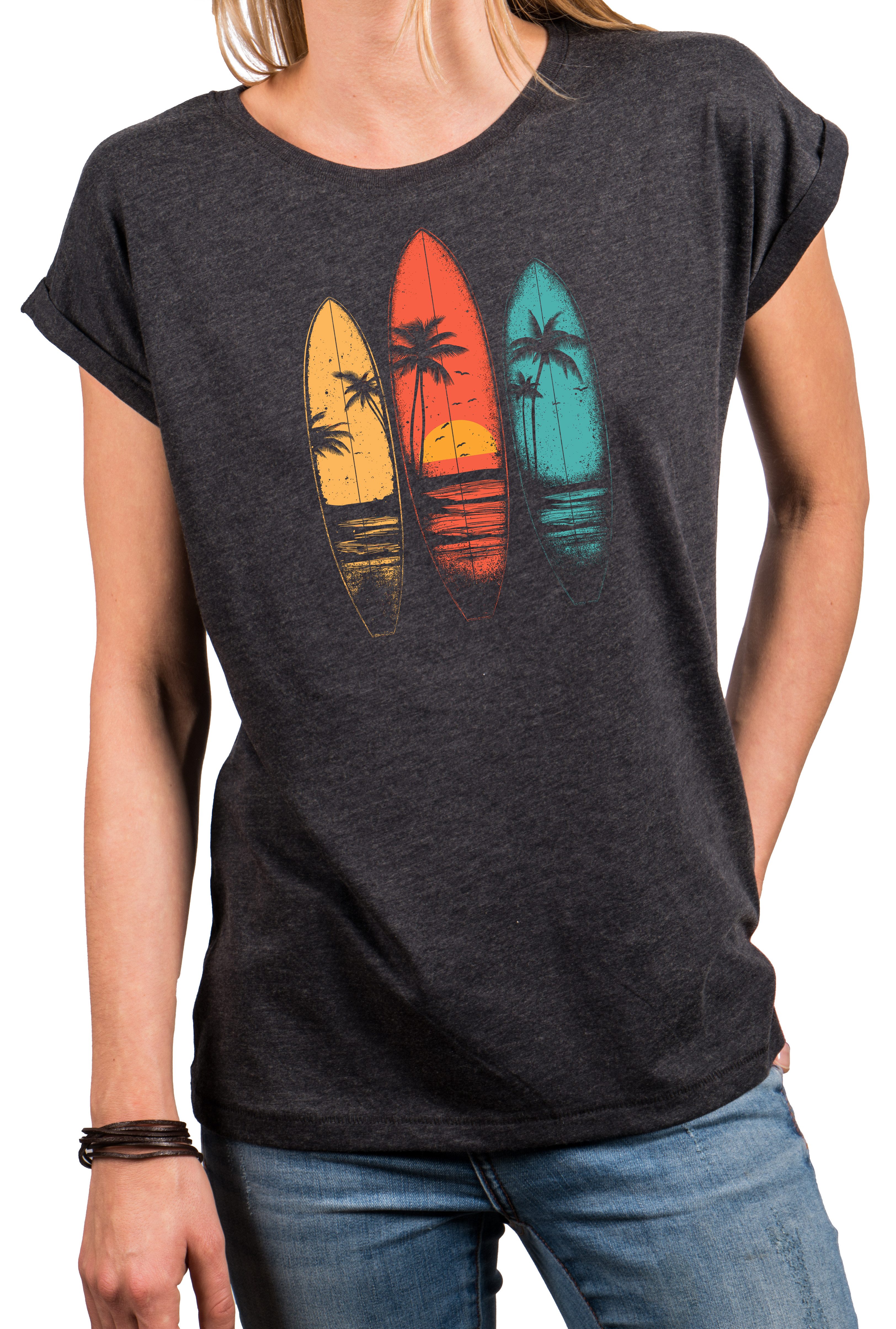 MAKAYA T-Shirt Vintage Damen T-Shirt mit Surfbrett-Print, Retro Surf-Motiv (Schwarz, Blau, Dunkelgrau, 34, 36, 38, 40, 42, 44, 46, 48, 50) Baumwolle