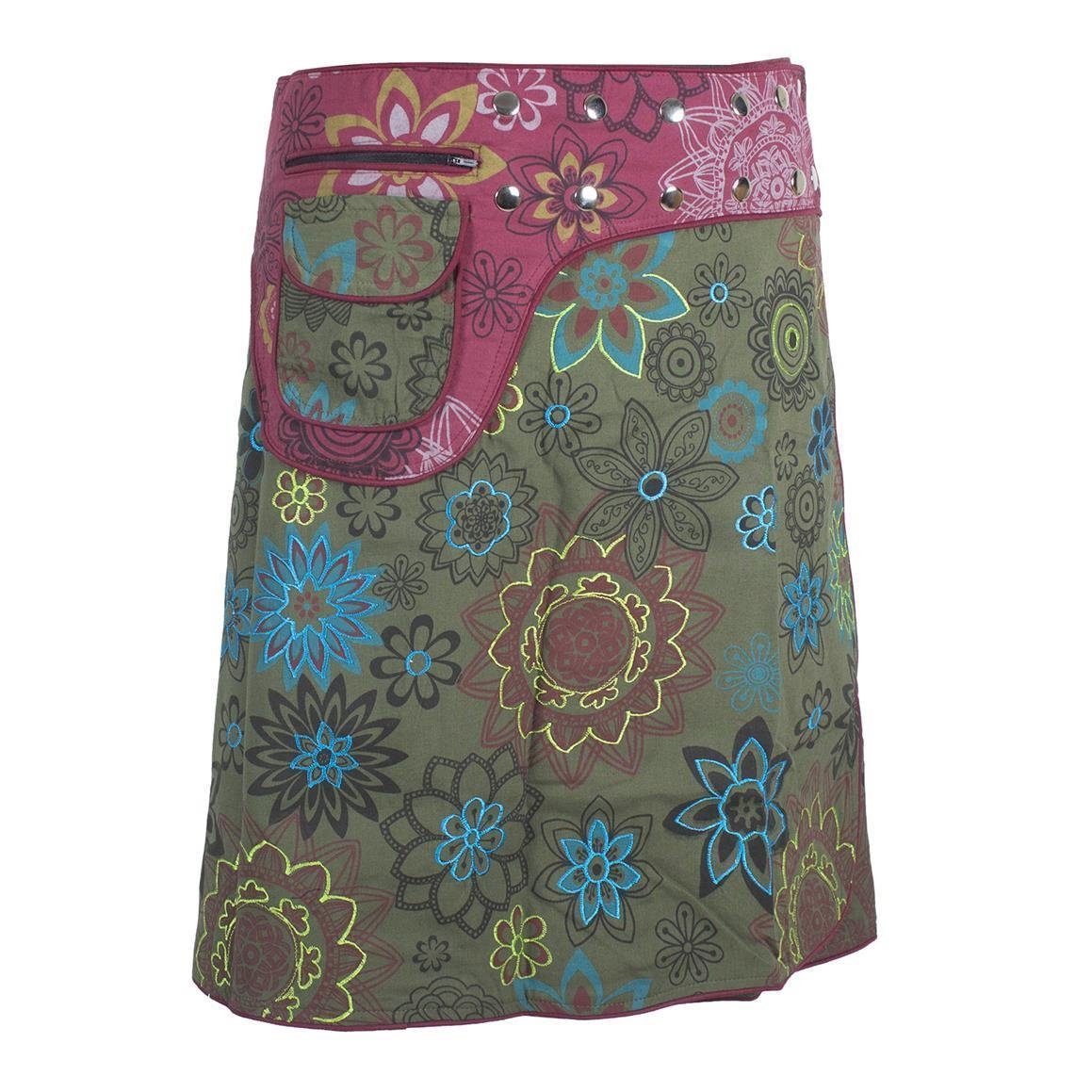 Bestickt Vishes Bedruckt Cacheur, Wrapper Bunt Wickelrock Style mit Sidebag Blumen A-Linie, Hippie Goa, olive-dunkelrot