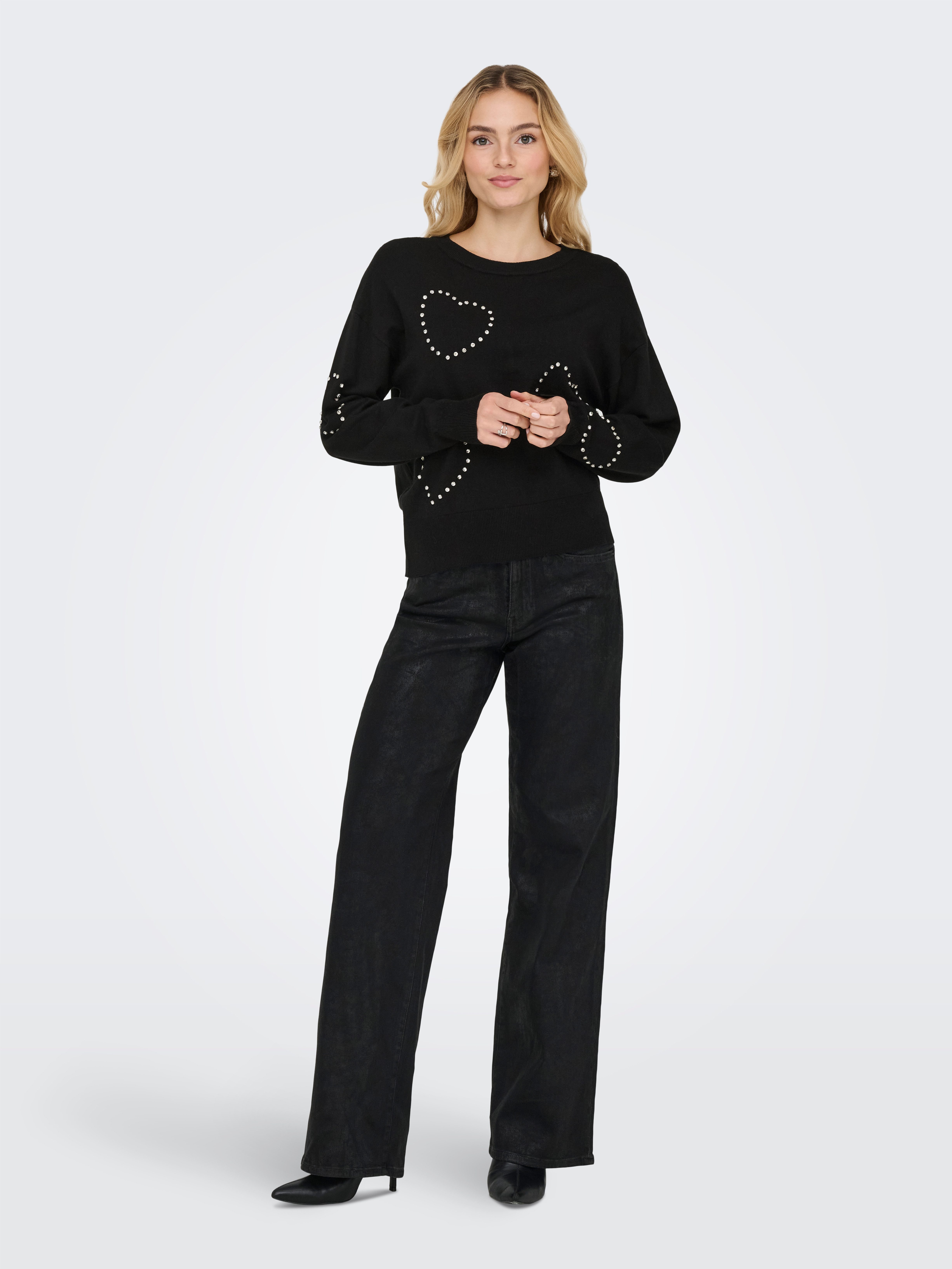 ONLY Rundhalspullover ONLBEE LS HEART BLING O-NECK CC KNT mit Glitzersteinen
