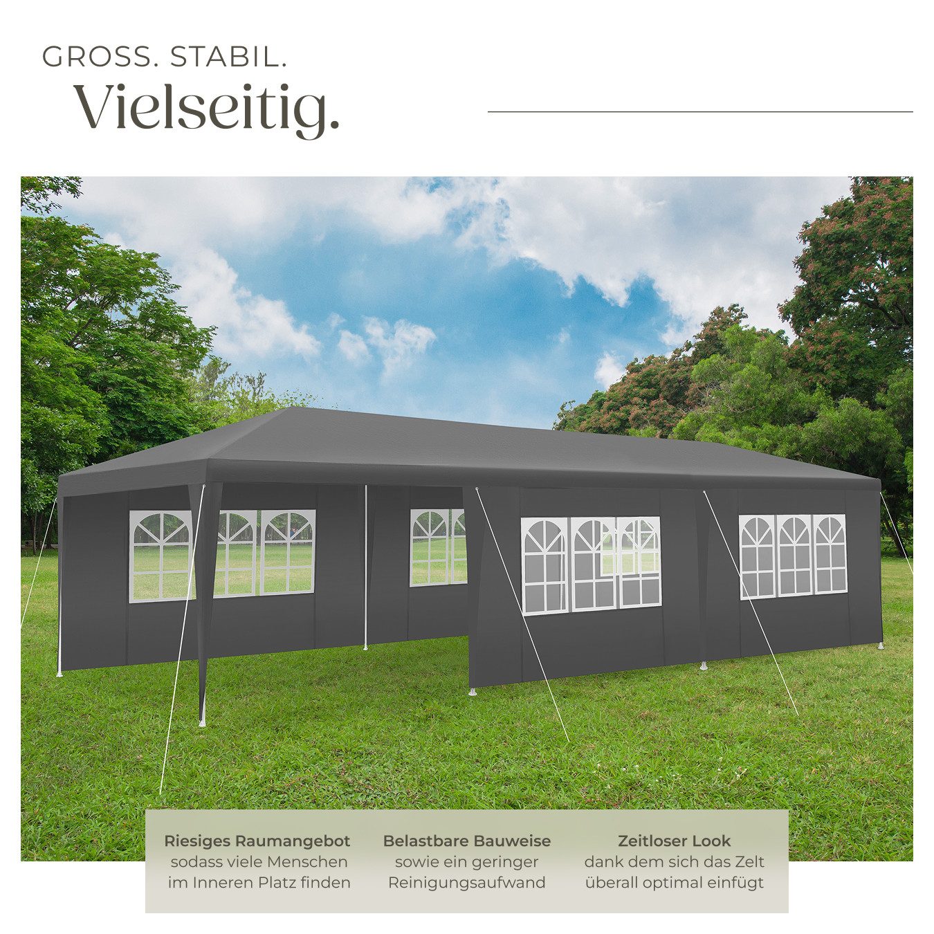 tectake Pavillon Partyzelt Miramas mit 8 Seitenteilen, wasserdicht, 9x3m, mit 8 Seitenteilen, (900 x 300 x 250 cm, Komplettset), 8 abnehmbare Seitenteile, 2 Reißverschlussöffnungen