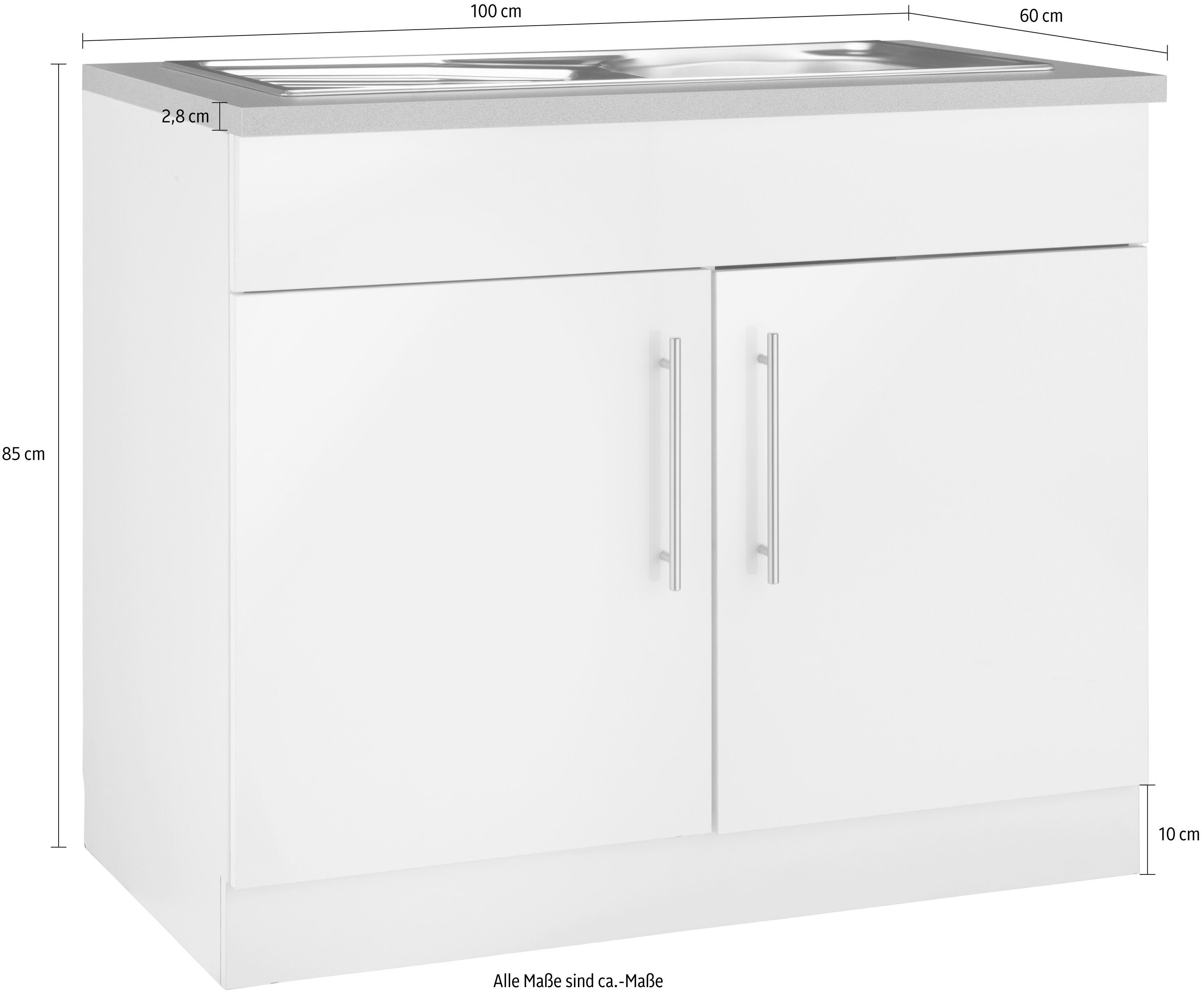 Glanz, Weiß cm Cali Weiß Arbeitsplatte: Weiß, 100 Küchen wiho Granit breit | Grau Korpus: Front: Spülenschrank