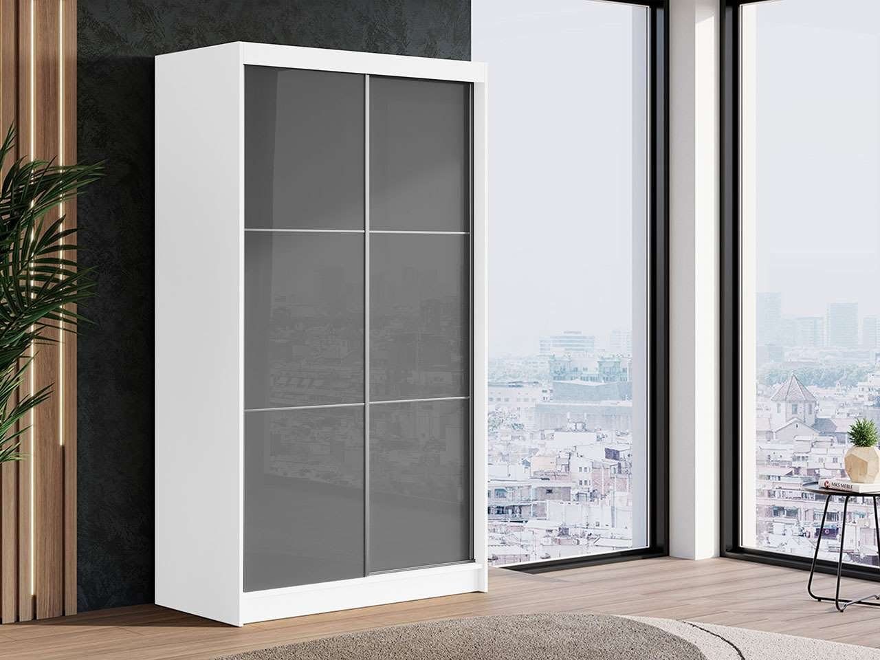 MKS MÖBEL Kleiderschrank VALENCIA Weißer Schiebeschrank 120 cm, mit Lacobel-Glas an der Tür Grau