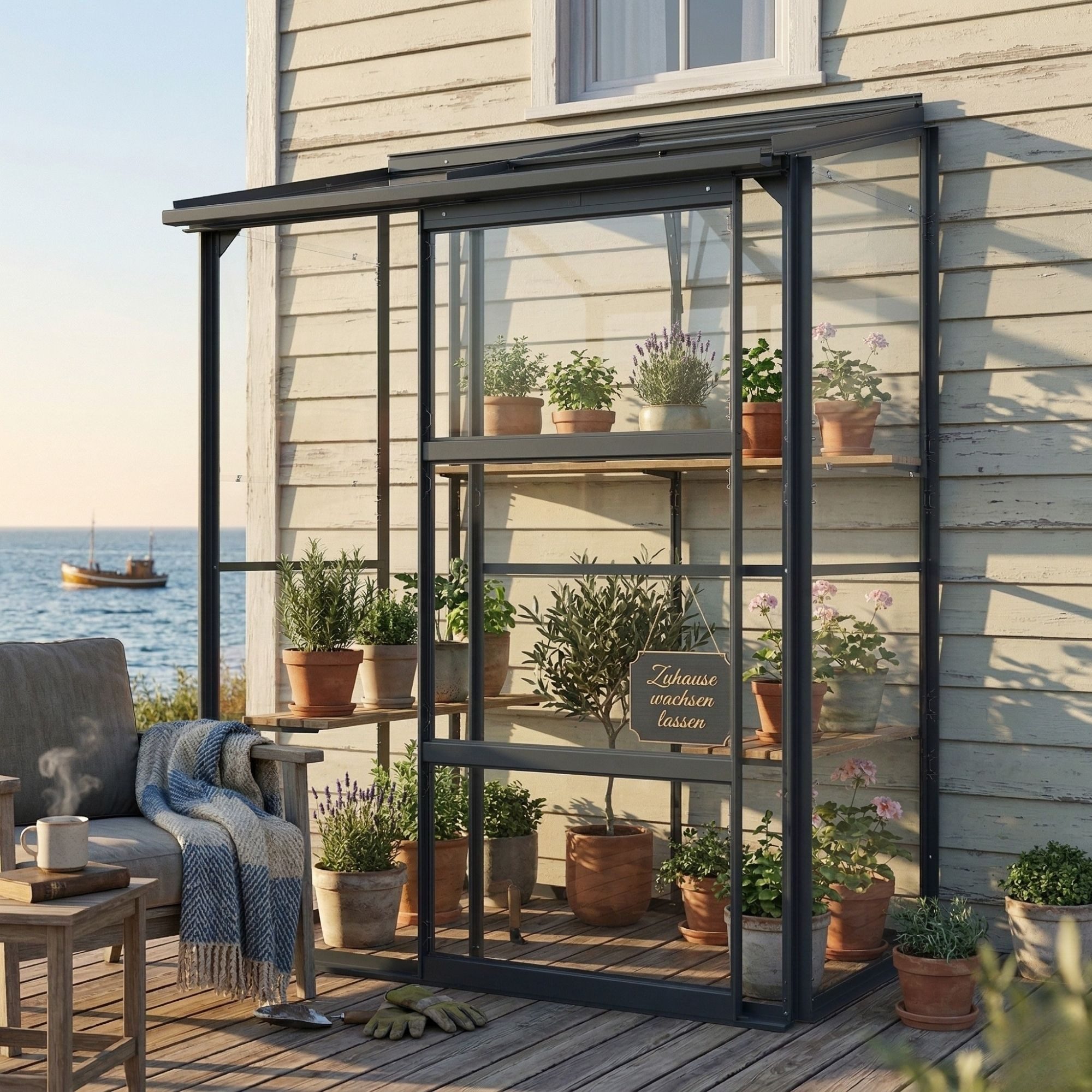 osoltus Gartenhaus osoltus Premium Anlehngewächshaus Gewächshaus Echtglas Schwarz