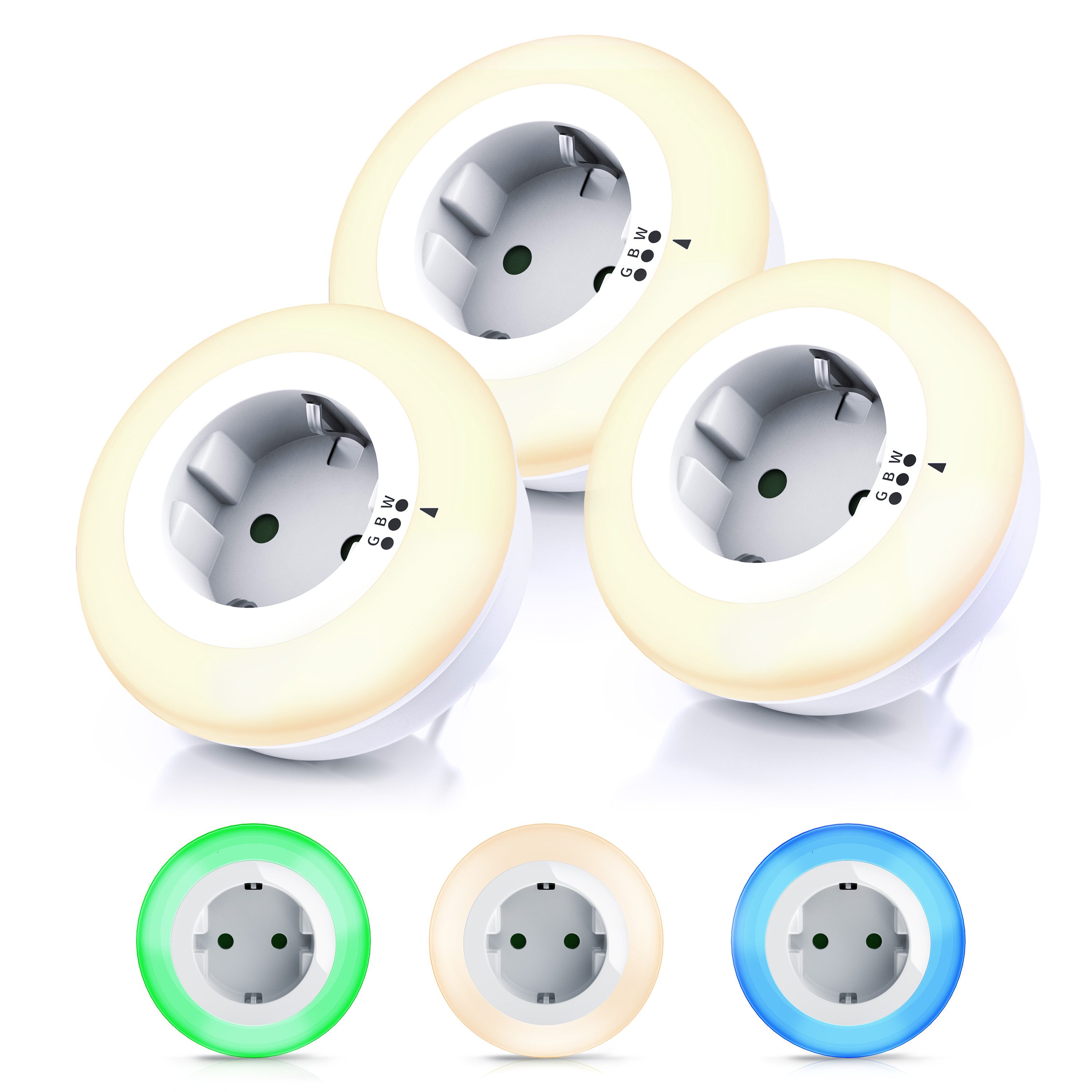 Brandson LED Nachtlicht Nacht & Orientierungslicht mit Steckdose, Helligkeits/Dämmerungssensor, Automatische Ein-/Ausschaltung; Farbwechsel; Nachtlichtfunktion, LED fest integriert, Warmweiß, Grün, Blau, Nachtlampe mit Zwischenstecker & auswählbaren Кольора(ів)