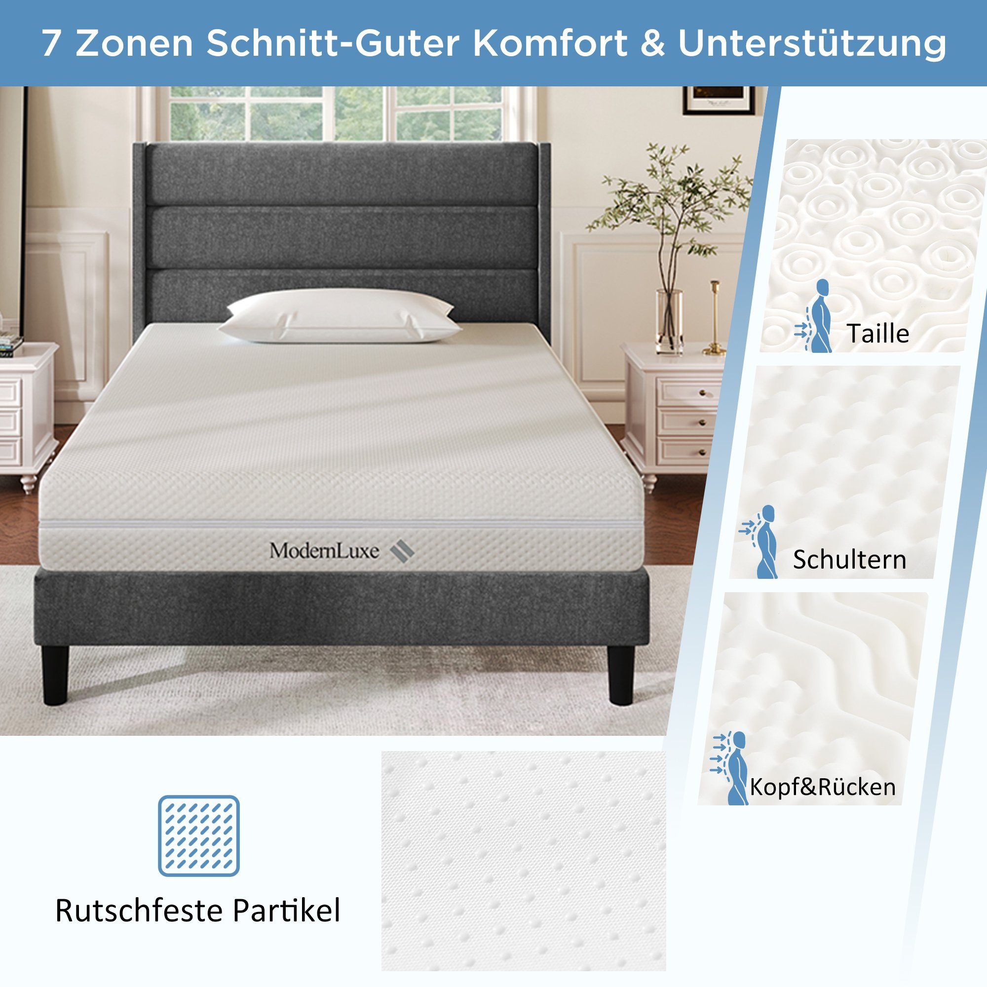 Kaltschaummatratze, Flieks, 20 cm hoch, Ergonomische Wendematratze Antirutschpartikel 7 Zonen H2/H3 90x200x20