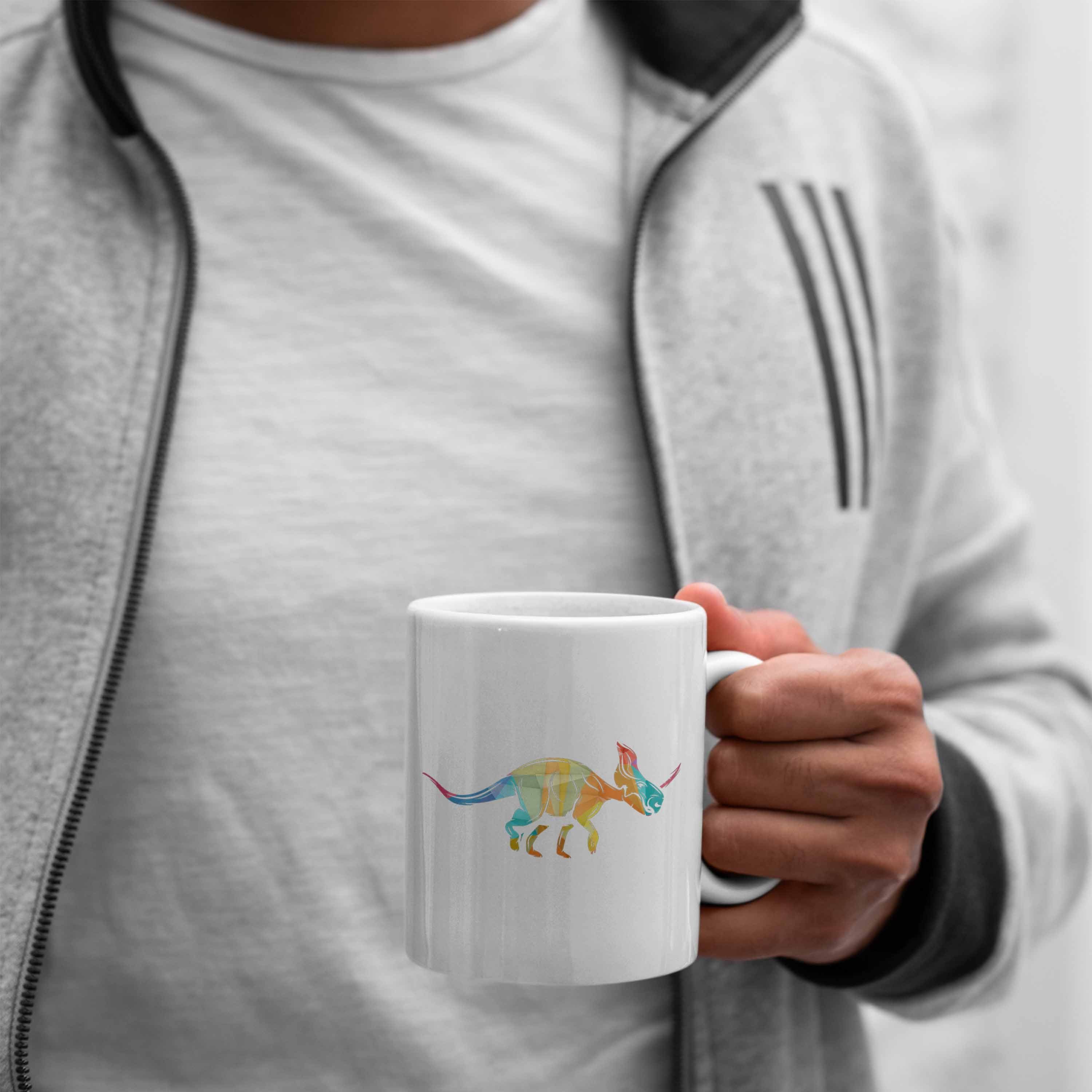 Trendation Tasse Trendation - Polygon Bunt Grafik Triceratops Tasse Dinosaurier Weiss