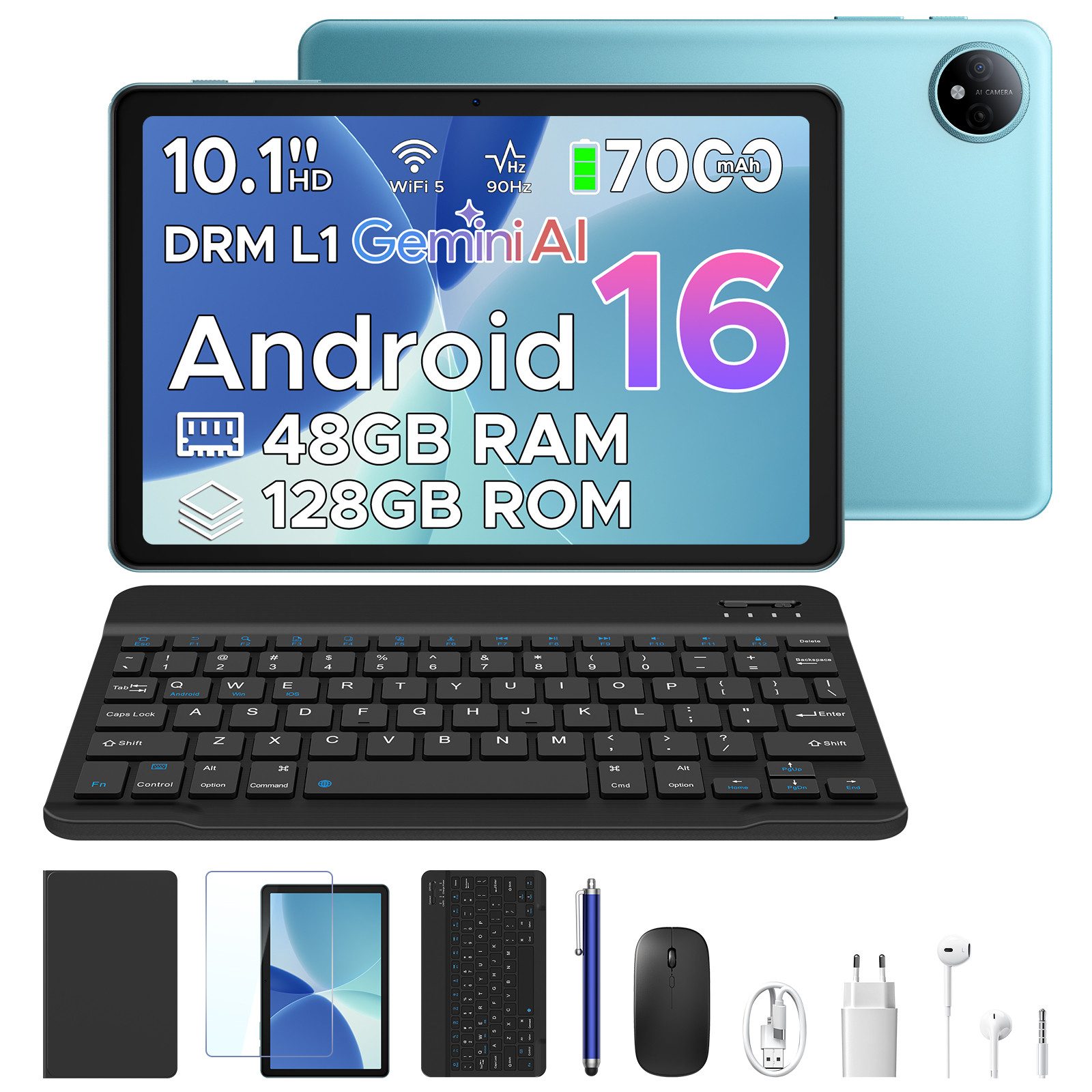 POCKAM P10 10 Zoll Android 16 Tablet mit Tastatur, 128GB ROM, 8800mAh, 120Hz Tablet (10", 128 GB, Android 16, WIFI, 48GB RAM (8 + 40 GB erweitert), Gemini AI, Widevine L1, Face Unlock)