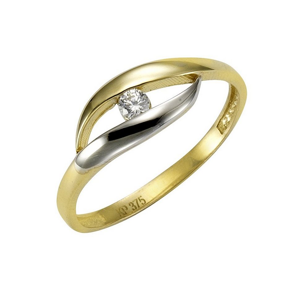 Damen Ring breit mehrreihig 375 Gold Gelbgold 52 Zirkonia Goldring.