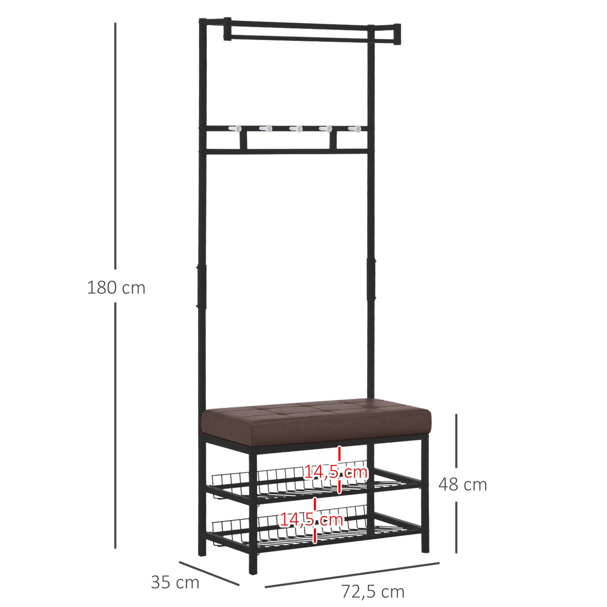 HOMCOM Garderobenständer Kleiderständer und Schuhbank mit 2 Ebenen für Flur, Schlafzimmer, (Kleidungsständer, 1 St., Sitzbank mit Kleiderständer), Metall, 72,5 x 35 x 180 cm