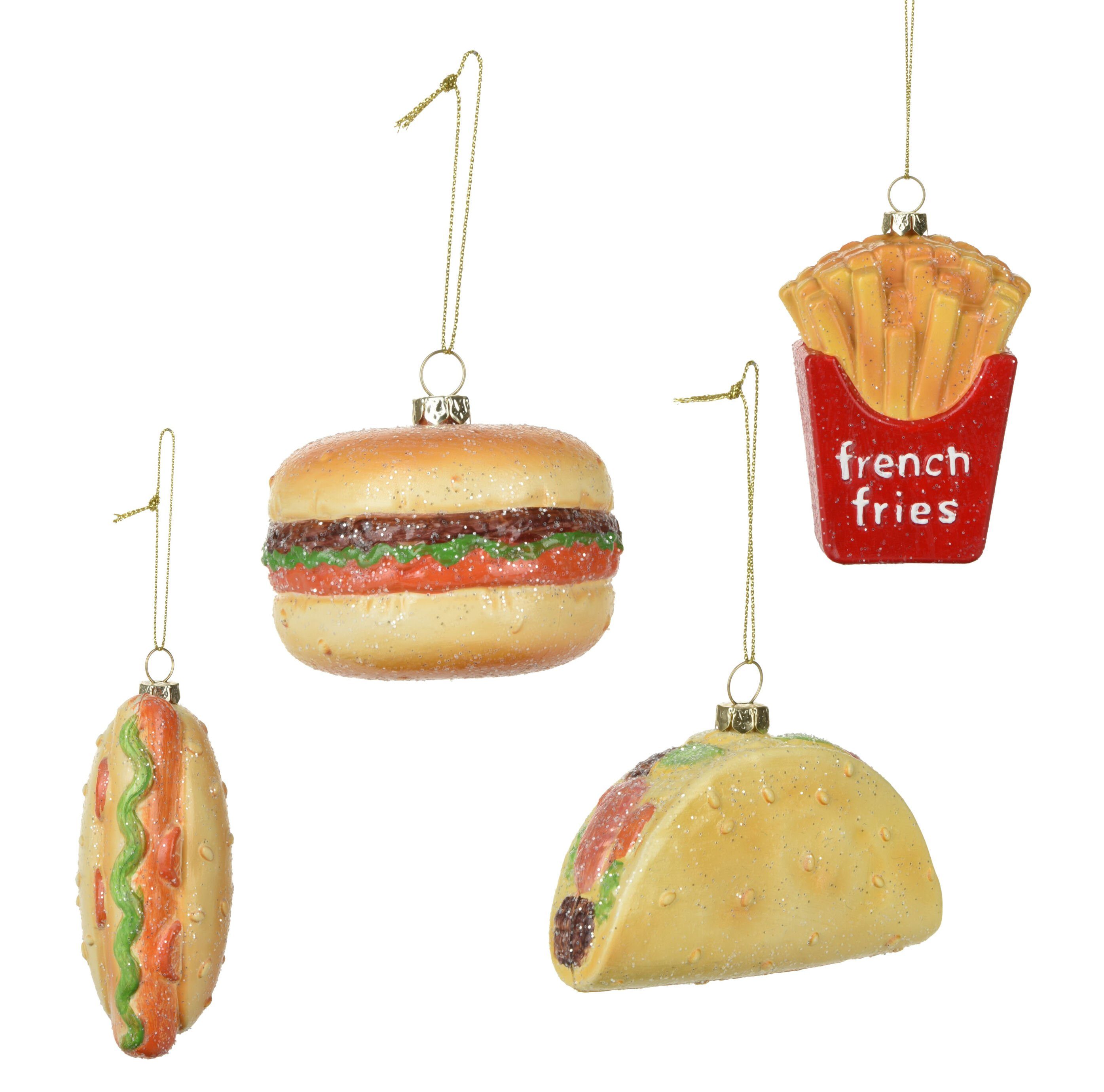 Spetebo Christbaumschmuck Christbaumschmuck Anhänger 4er Set - Fast Food (4-tlg), Hamburger Hotdog Pommes Taco - Deko Weihnachtsbaum Anhänger originell witzig