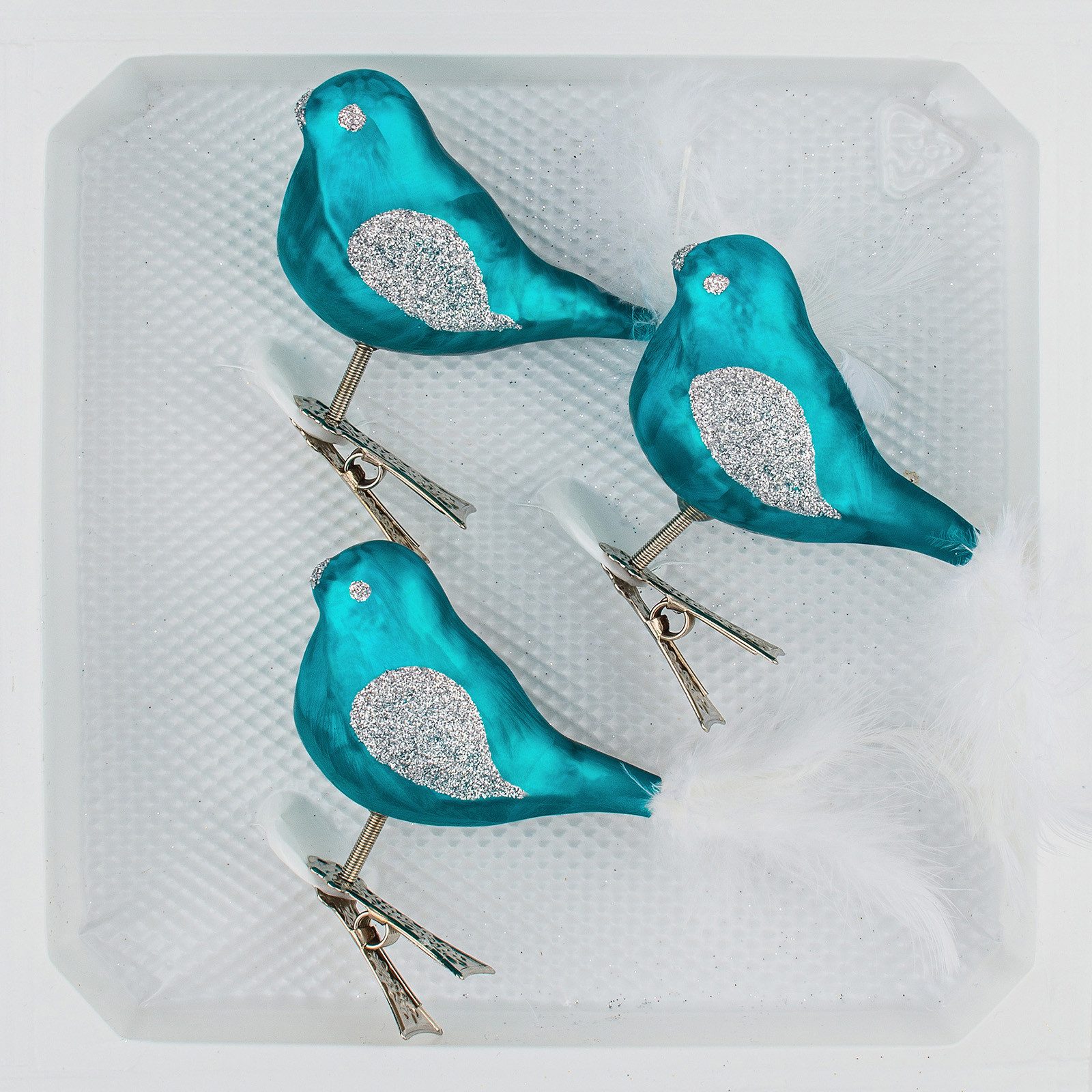 Navidacio Christbaumschmuck 3 tlg. Glas Vogel Set in "Ice Petrol-Türkis Silber"
