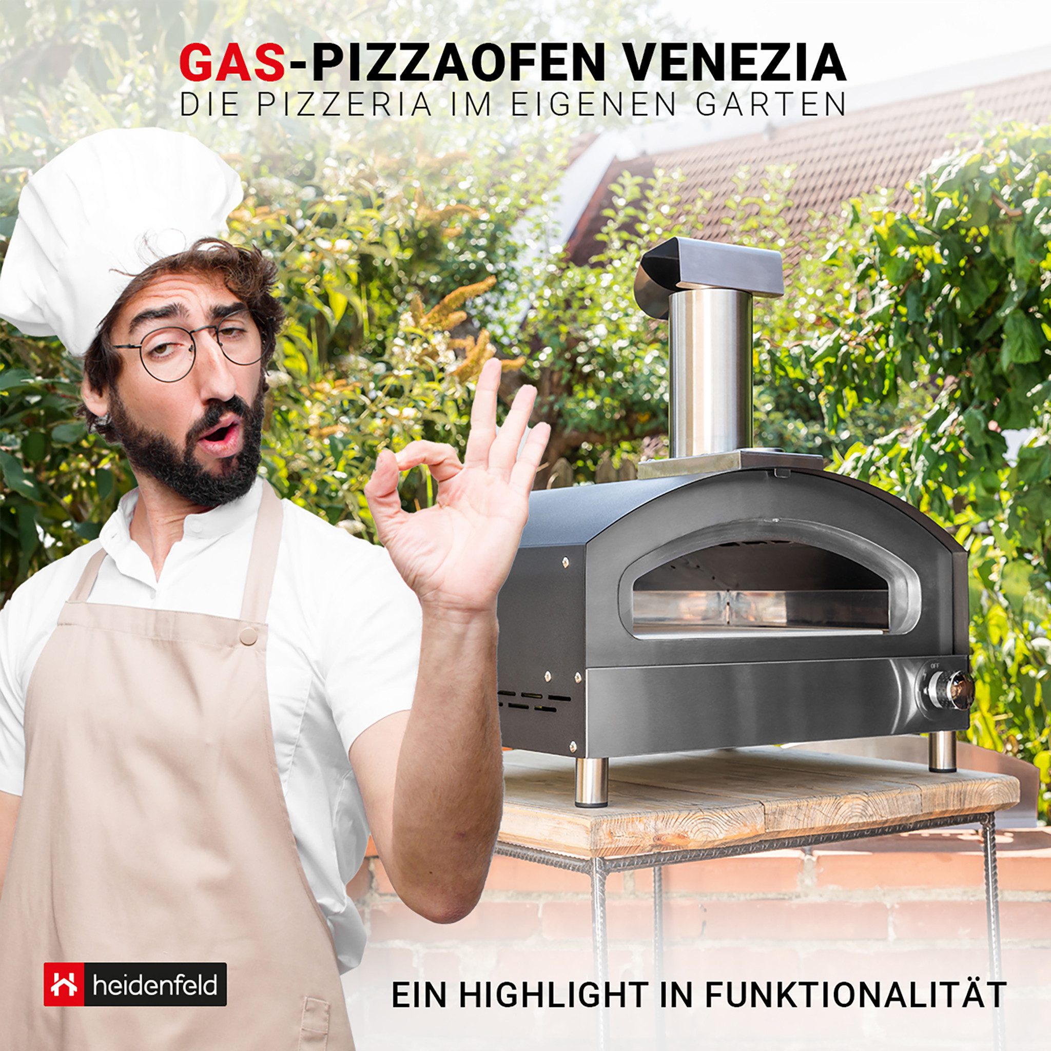 Heidenfeld Gas-Pizzaofen Gas Pizzaofen Venezia inkl. Pizzastein - Gasofen bis 500°C, Edelstahl Brot Backofen - Outdoor Gas Ofen - Pizzagrill, perfekte Hitzedämmung, leichte und schnelle Reinigung, Pizzamaker - Thermometer bis 540°C - Edelstahl-Schlot mit Regenschutz