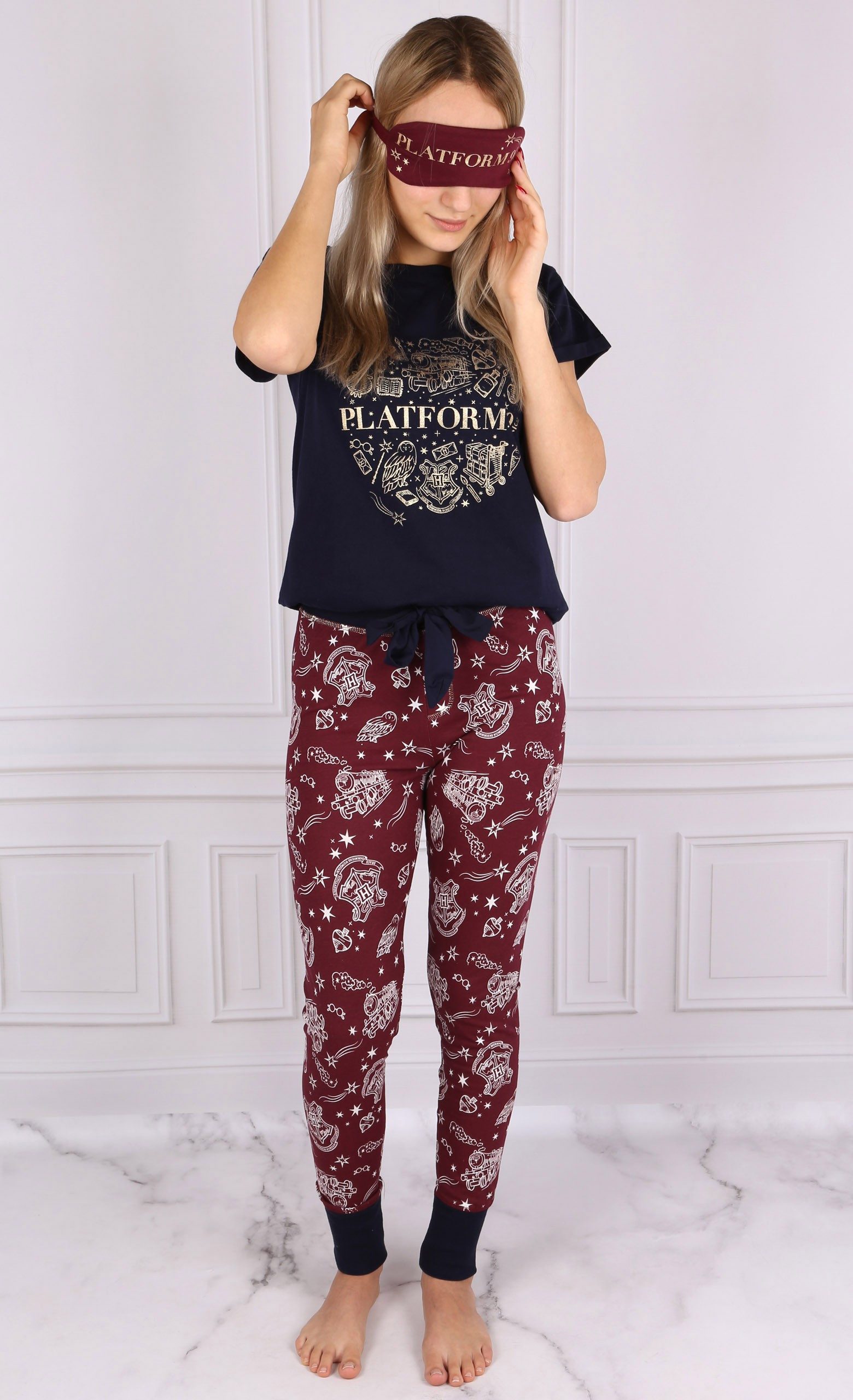 Harry Potter Pyjama Harry Potter Pyjama für Damen + Augenbinde, dunkelblau-burgunderrot XS – Bild 2 von 5