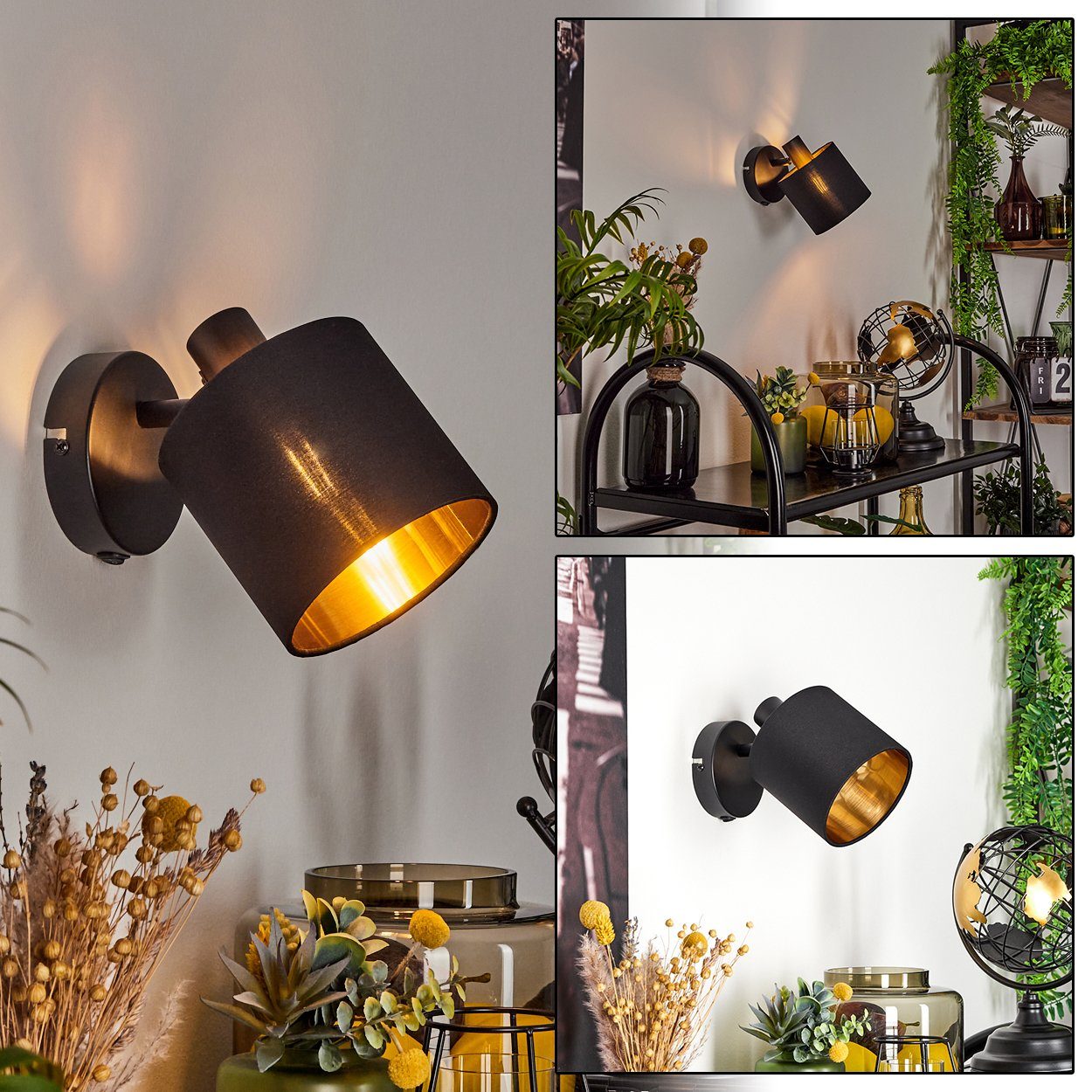 hofstein (12 in x cm) moderne E14 An-/Ausschalter, Wandlampe Schwarz/Goldfarben, Leuchtmittel, Stoffschirm Wandspot ohne Wandleuchte mit 1 Metall/Stoff aus mit