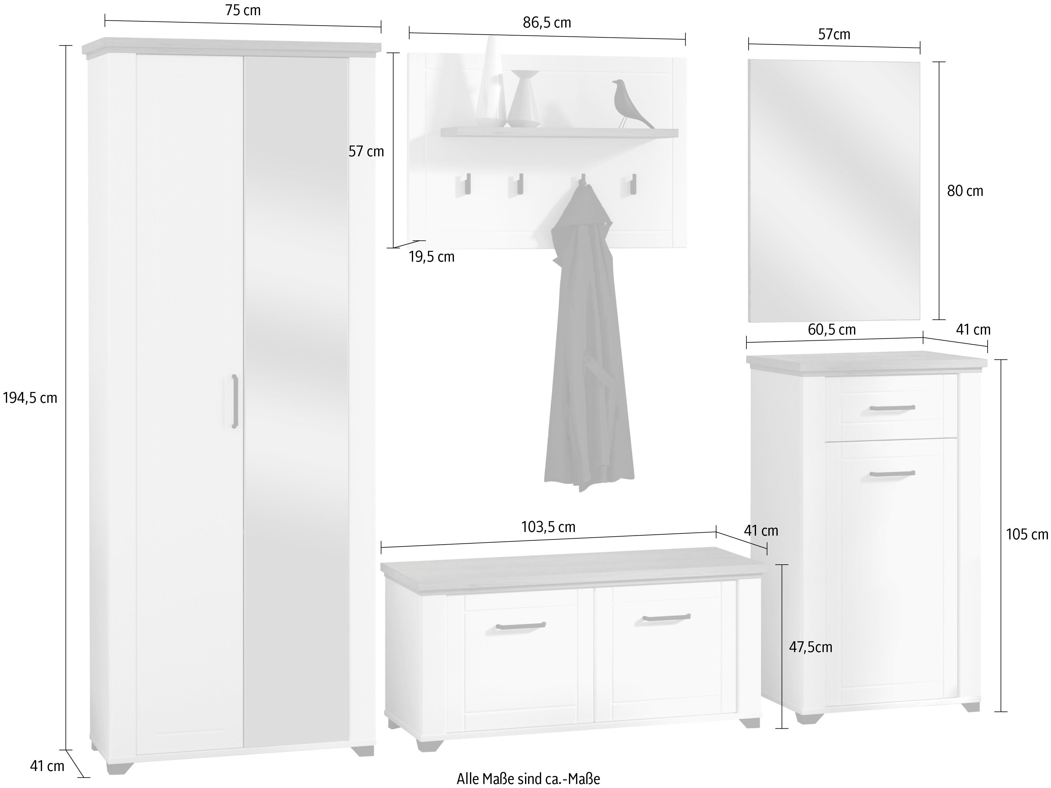 Home affaire Garderoben-Set Valencia 5-teiliges Set mit Spiegel und Kleiderhaken, (Set, 5-St., Garderobenschrank, Schuhkommode, Schuhbank, Garderobenpaneel, Spi – Bild 3 von 4