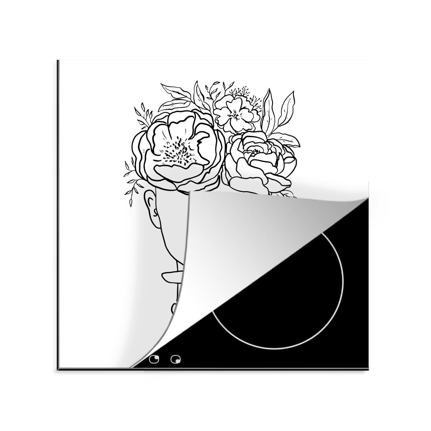 MuchoWow Herdblende-/Abdeckplatte Abstrakte Strichzeichnung mit 78x78 cm, für Arbeitsplatte einem, (1 Ceranfeldabdeckung, Frau Haar und im Blumen küche einer Vinyl, tlg)