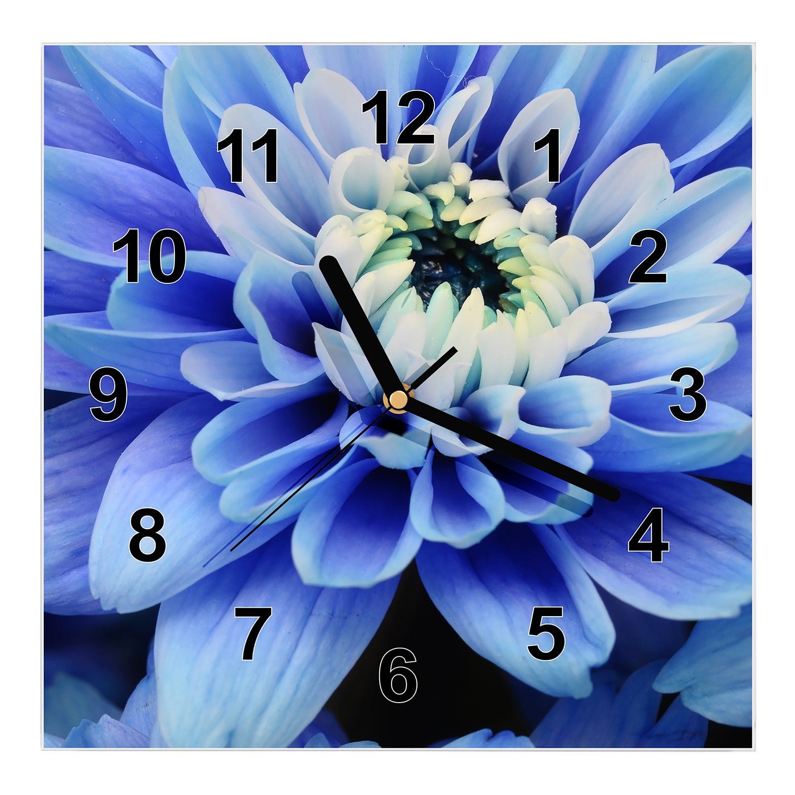 Primedeco Wanduhr Glasuhr Wanduhr Wandkunst Größe 30 x 30 cm mit Motiv Blaue Blüten