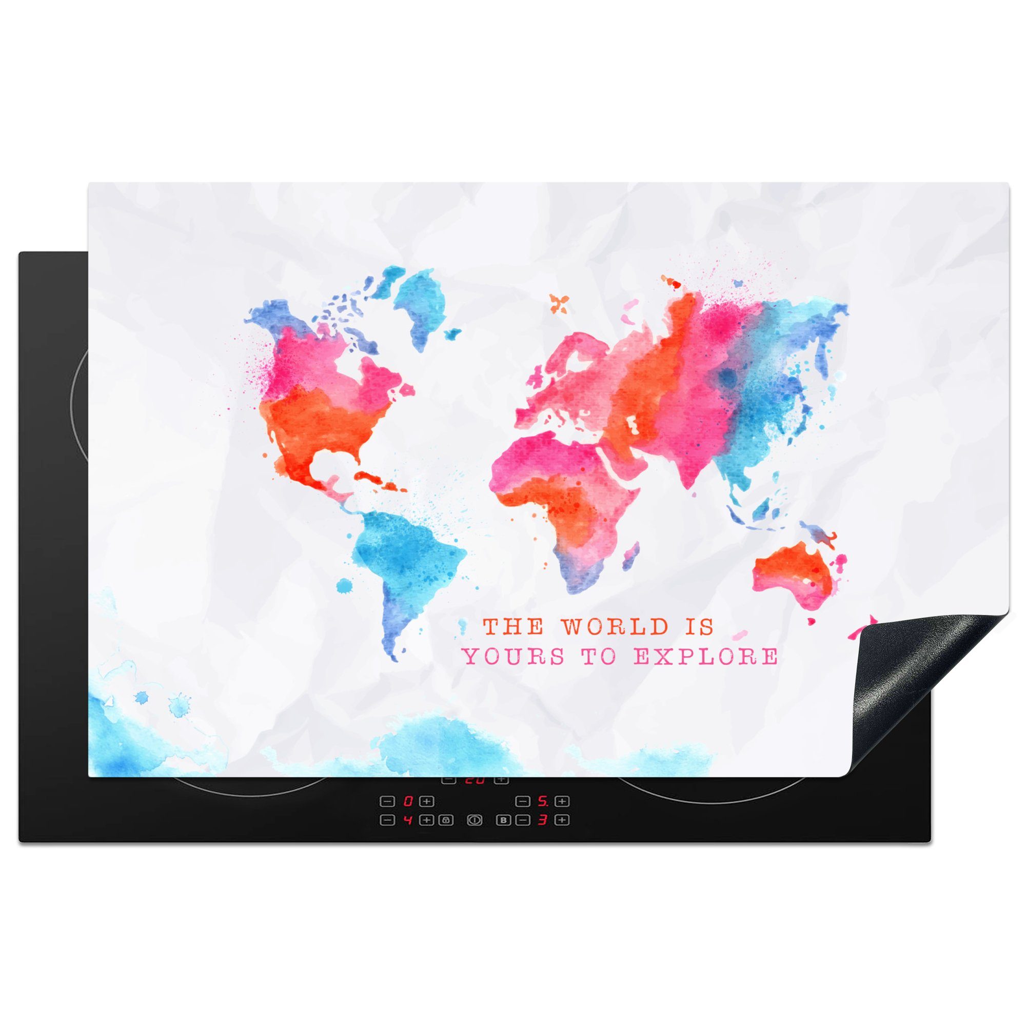 MuchoWow Herdblende-/Abdeckplatte küche, Welt die Karte (1 Schutz für Vinyl, Sprichwörter, - Induktionskochfeld Ceranfeldabdeckung tlg), 81x52 cm, 