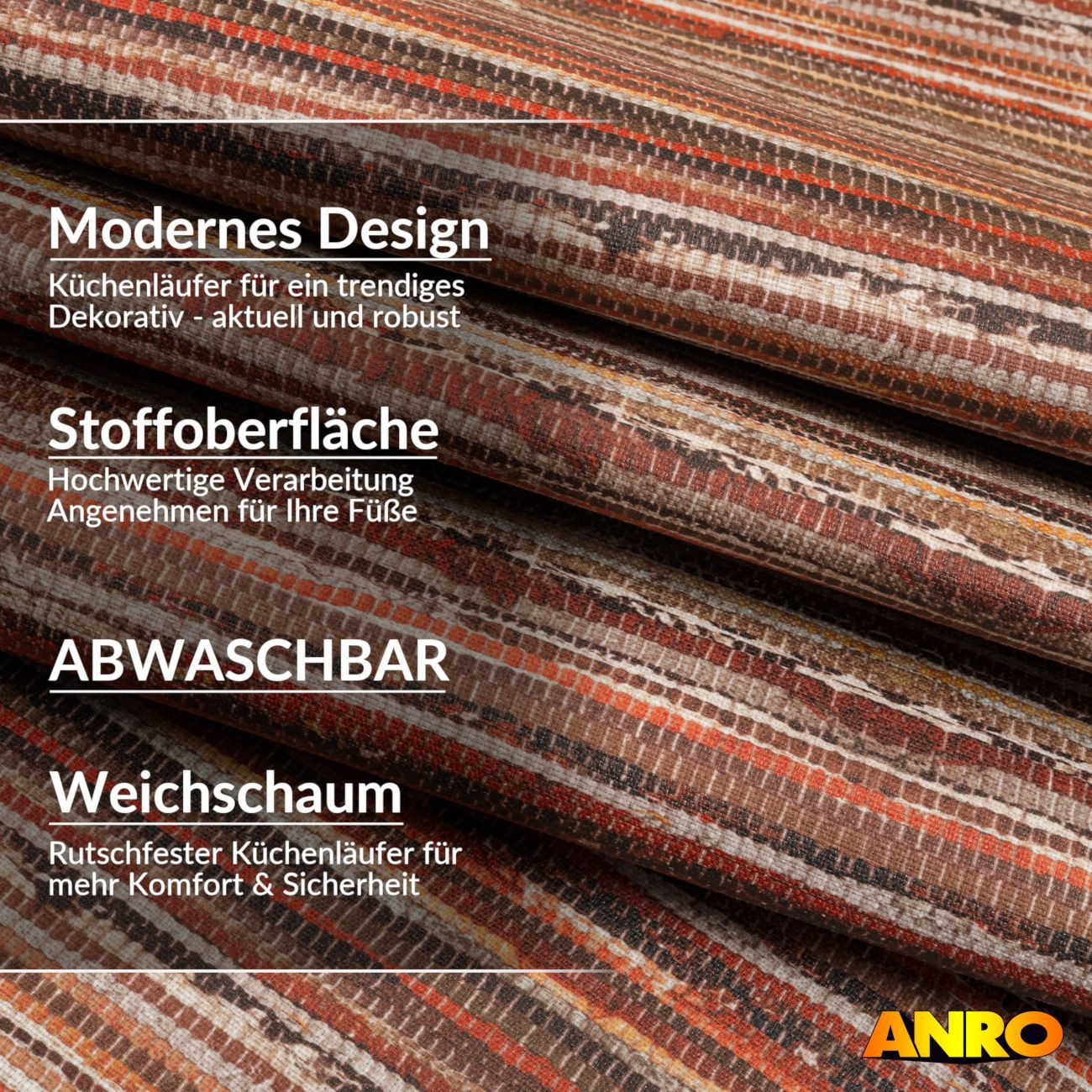 ANRO Küchenläufer Premium Flechtoptik RUNNA Läufer Küchenteppich Stoff-Teppich, Rechteckig, Höhe: 3 mm, Stoff schmutzabweisend 67x100cm Natural Braun robust