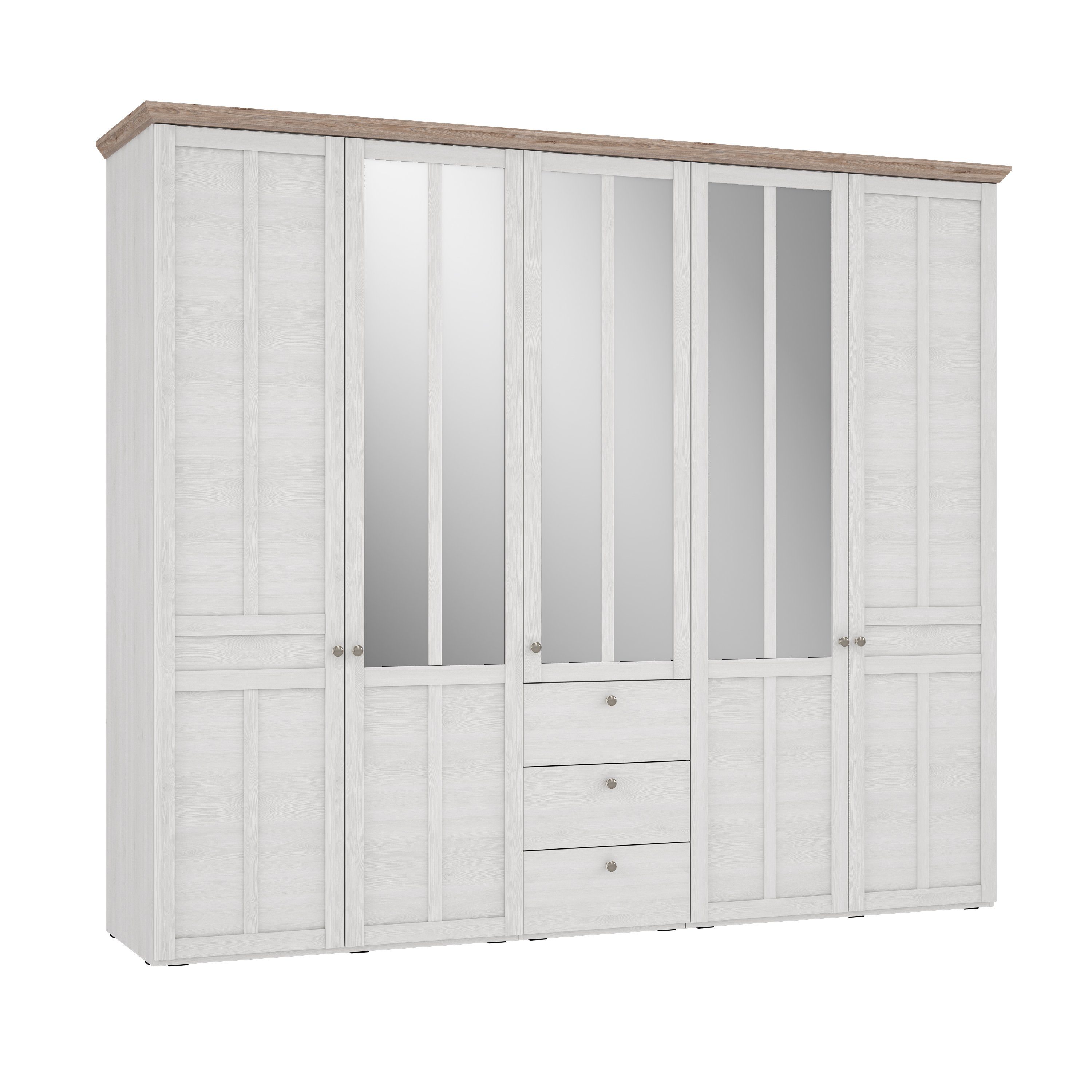 mit möbelando Tiefe Schneeeiche Kleiderschrank Breite 2 Nachbildung 254,4 cm, Spiegel-/Holztüren, Spanplatte Nachbildung, Eiche in 2 Höhe Ablageböden 3 aus und cm Kleiderschrank 3 in Kleiderstangen. 62,1 5 Holztüren, cm, 216,6 Schubkästen, Moderner Indianapolis Nelson Oberboden