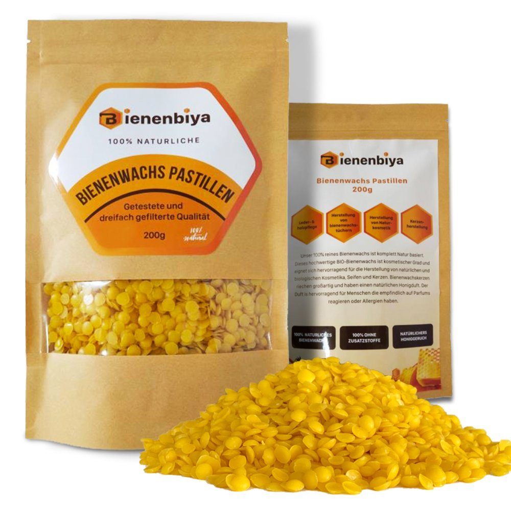 Bienenbiya Bienenwachstücher 200g 100% Reine Bienenwachs Pastillen ohne Zusatzstoffe, natürliches Beeswax für Salben,Kosmetika,Seifen,Kerzenherstellung und Leder-/Holzpflege, 100% natürlich ohne zusatzstoffe