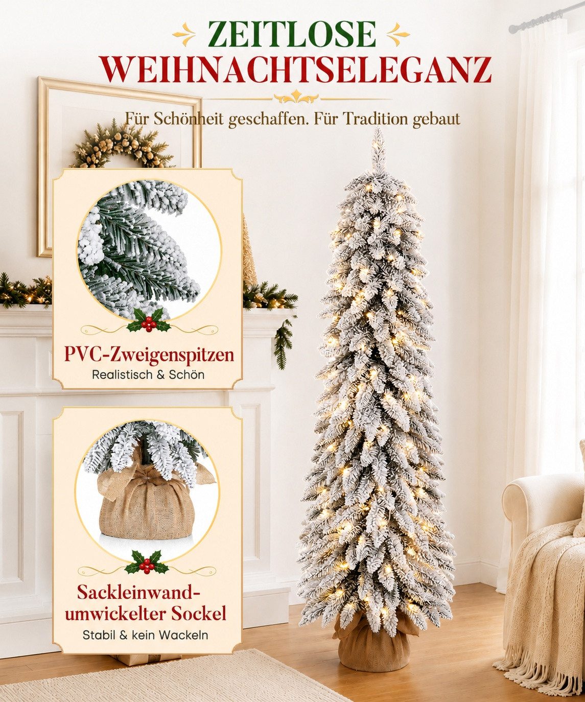 Yorbay Künstlicher Weihnachtsbaum Schlank Christbaum beflockt mit warmweißen LED Beleuchtung, Fichte, Pencil tree für Weihnachten-Dekor, 120cm, 225 Zweige,100 w – Bild 4 von 5
