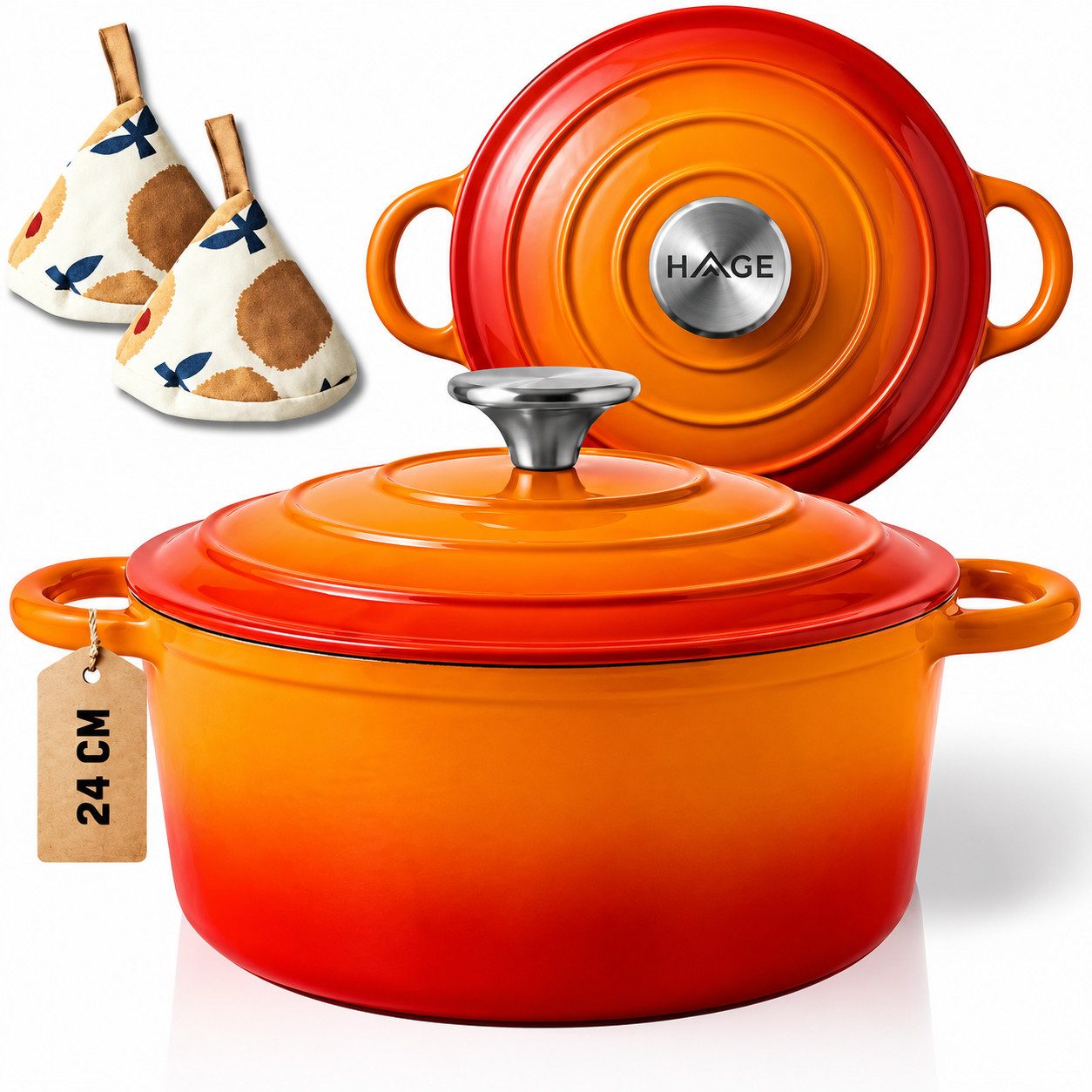 Torvon Bräter Gusseisen Bräter mit Deckel 4 L 24 cm Emailliert Induktionsgeeignet