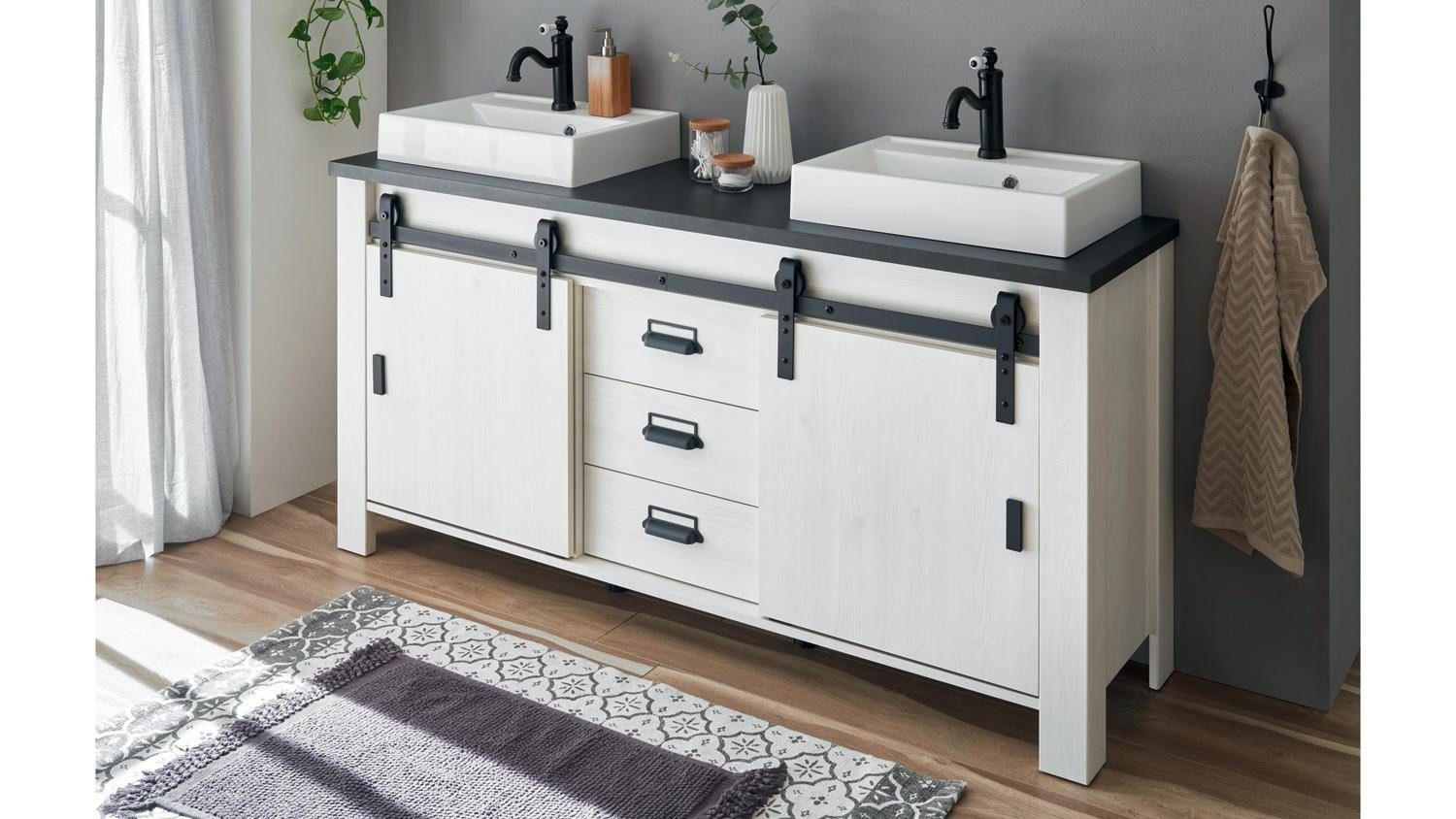 Möbel Akut Waschbeckenunterschrank Waschbeckenunterschrank Sherwood 47 Pinie weiß anthrazit 164 cm