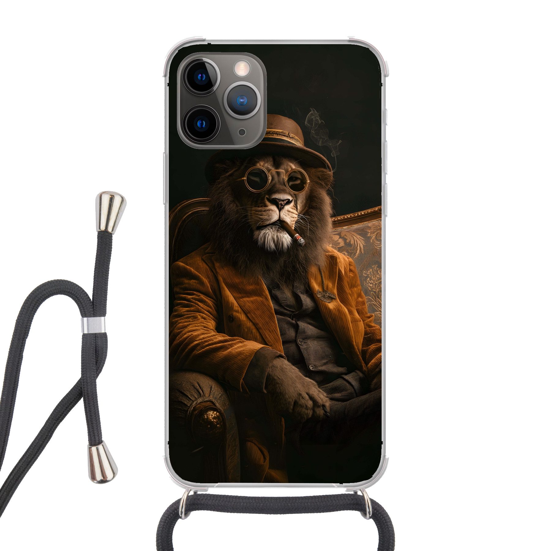 MuchoWow Handyhülle für Apple iPhone 13 Pro Max Brille - Löwe - Bank - Hut, Tragbare Handyhüllen mit Kette zum umhängen, Handykette Handyband