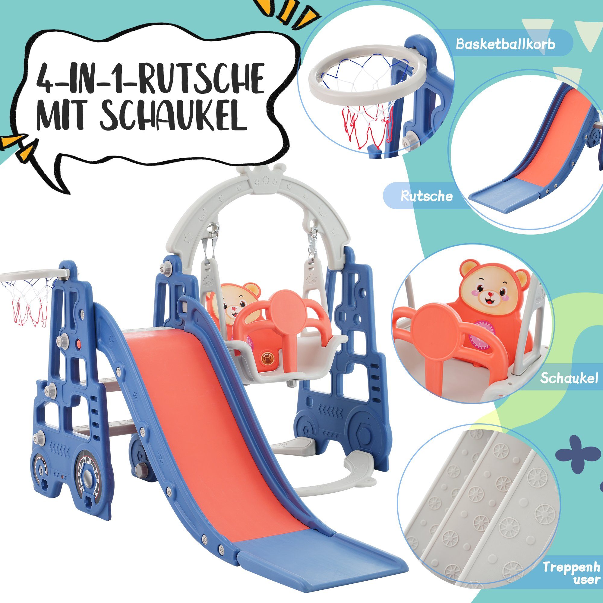 Blau Schaukel (Rutschenkombination, BlingBin Klettern, 1-tlg., Indoor-Rutsche 4 Kinderrutsche, 1 Basketballkorb und Schaukel, Kinderrutsche Set), in 1er Spielzeug,