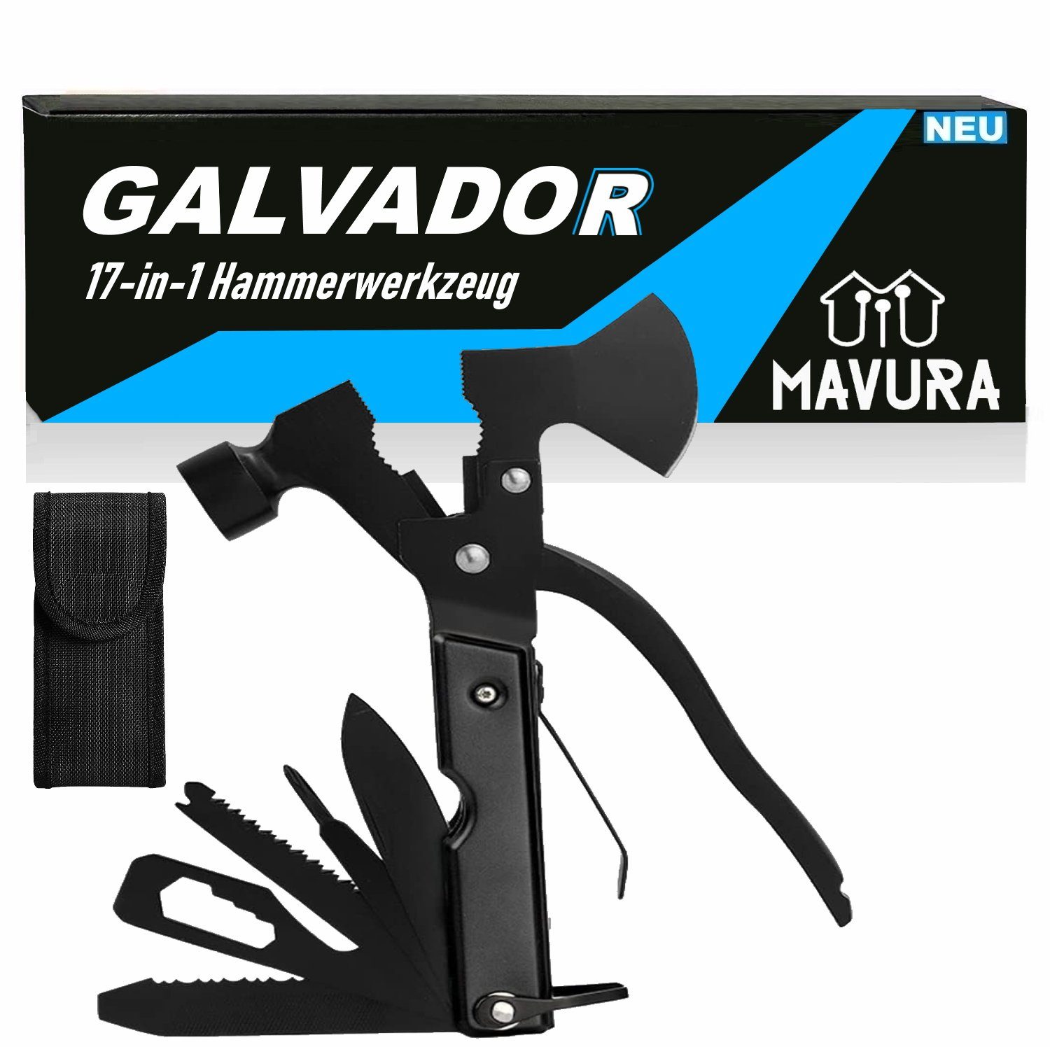 MAVURA Multifunktionswerkzeug Zange 17in1 Messer Schraubendreher GALVADOR Hammer Multitool, Axt Drahtschneider Multitool Bit Taschenmesser