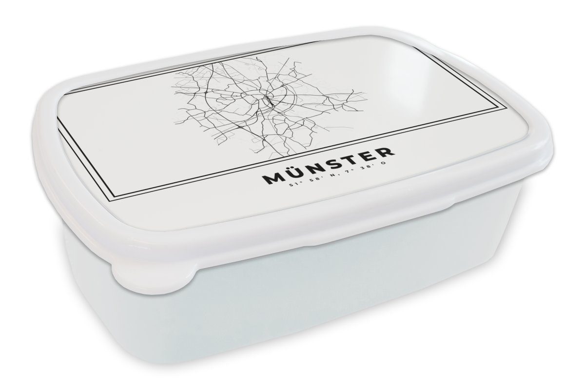 MuchoWow Lunchbox Deutschland - Münster - Stadtplan - Karte - Schwarz-weiß - Karte, Kunststoff, (2-tlg), Brotbox für Kinder und Erwachsene, Brotdose, für Jungs und Mädchen