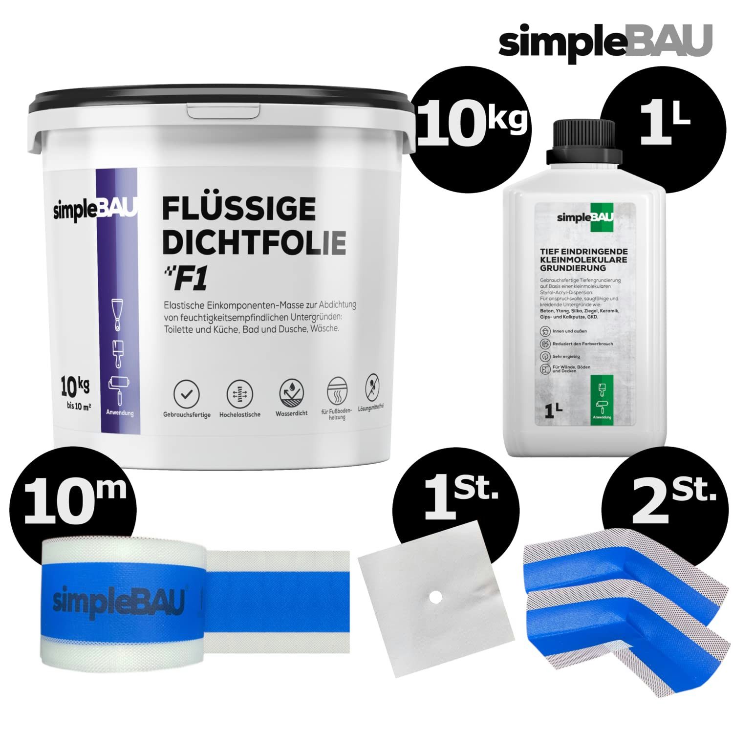 simpleBAU Dichtstoff Flüssigfolie Dichtfolie F1 10 kg + Tiefengrund 1L, (5-tlg)