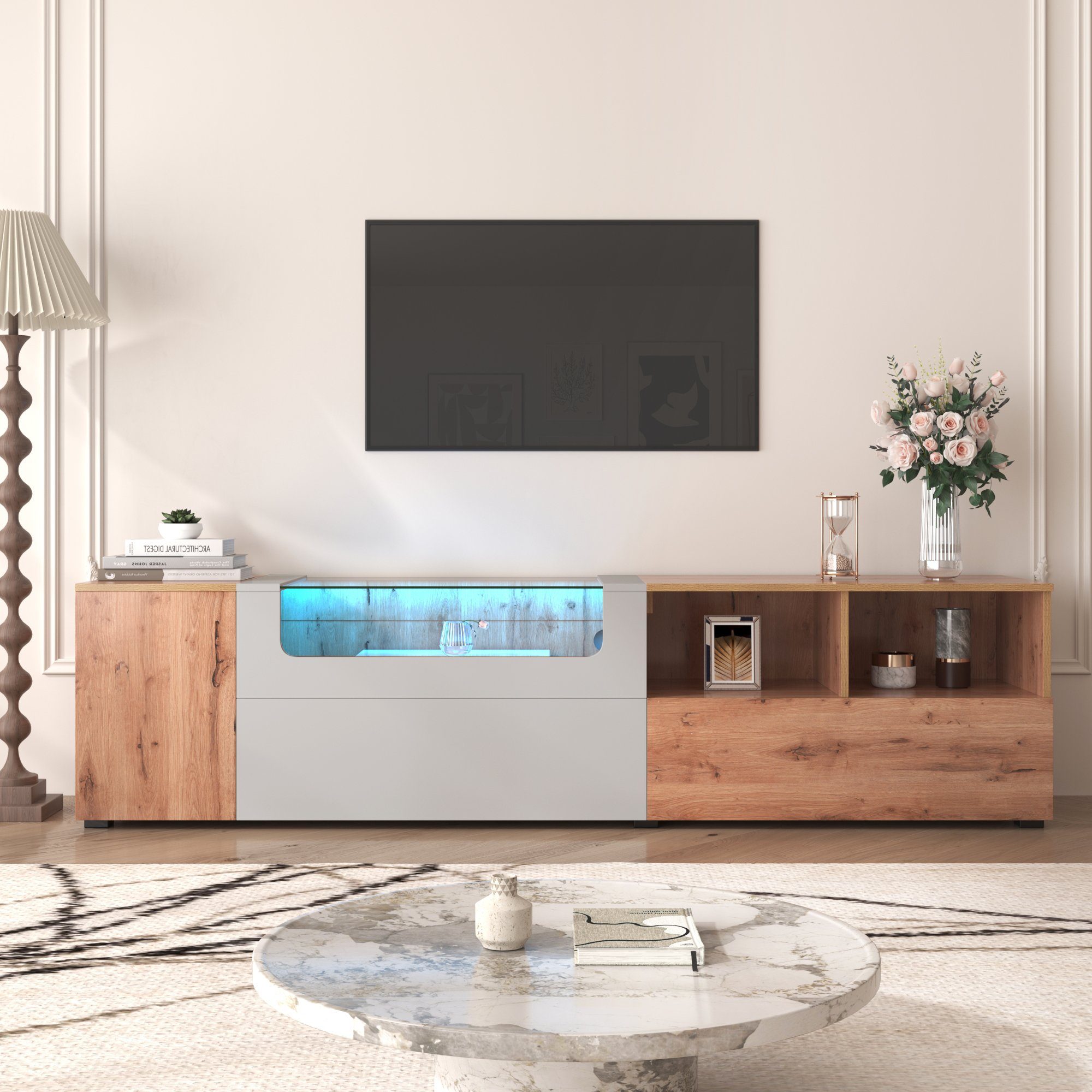 OKWISH TV-Schrank TV-Ständer,LED Mit Grau und (Natürlicher Lowboard, Glasplatte Landhausstil) TV LED-Leuchten farbwechselnden