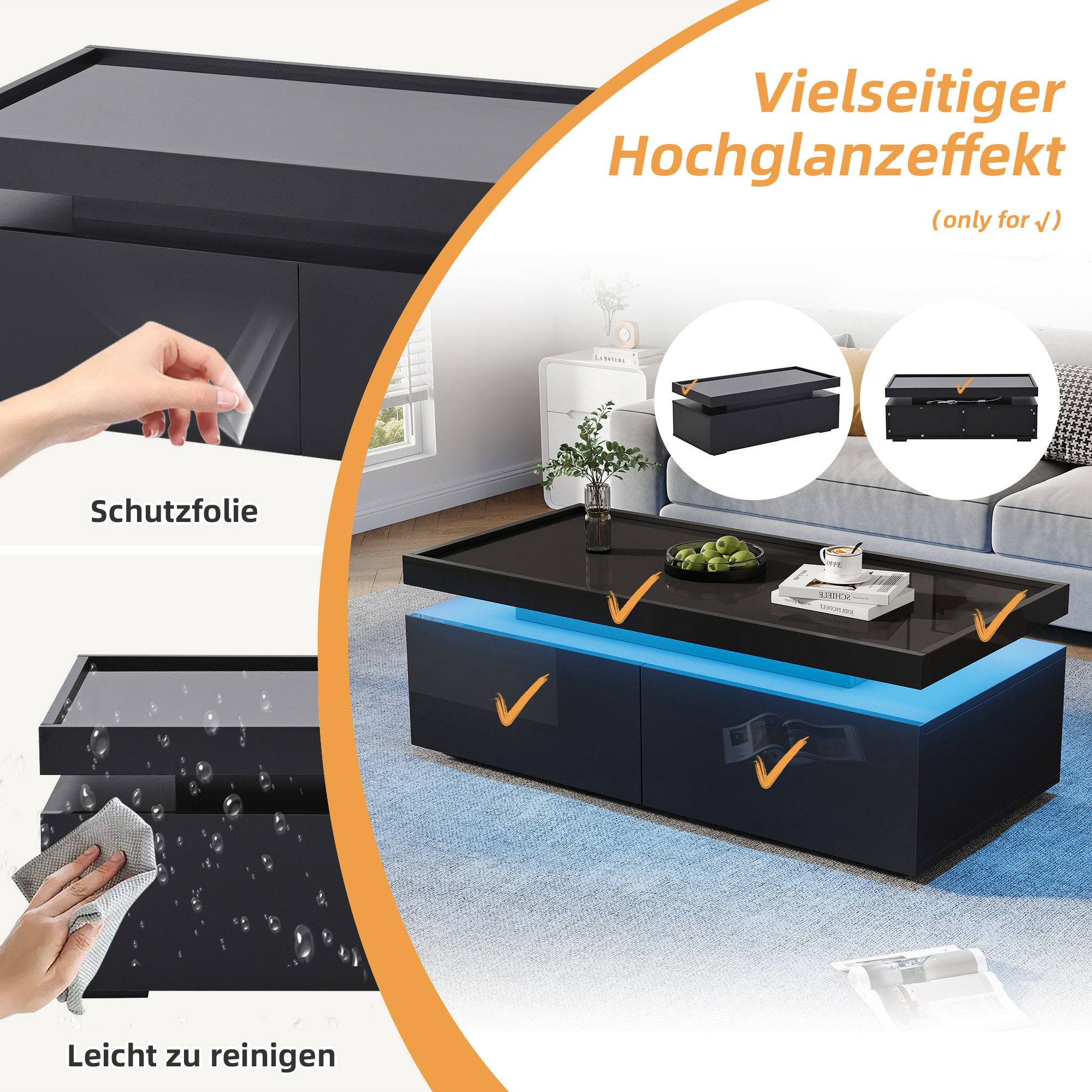 Merax Couchtisch Couchtisch hochglanz Sofatisch Beistelltisch mit LED-Beleuchtung (1-St., 1 Tisch), Wohnzimmertisch mit 2 Schubladen & Ablage, inkl. App, 95x45x35 cm